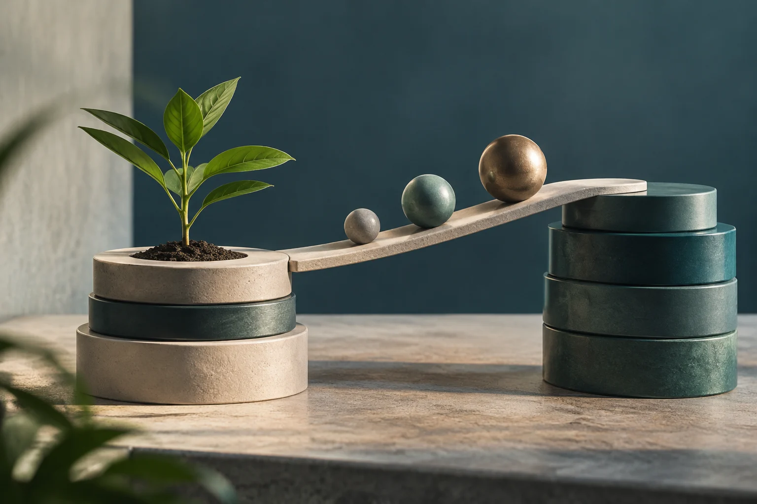 Illustration conceptuelle d'une balance en pierre sur une table en bois. À gauche, une plante verte pousse sur une pile de disques beige. À droite, une pile plus haute de disques verts soutient la balance. Trois sphères métalliques de différentes tailles et couleurs reposent sur le bras de la balance, qui penche vers la droite.