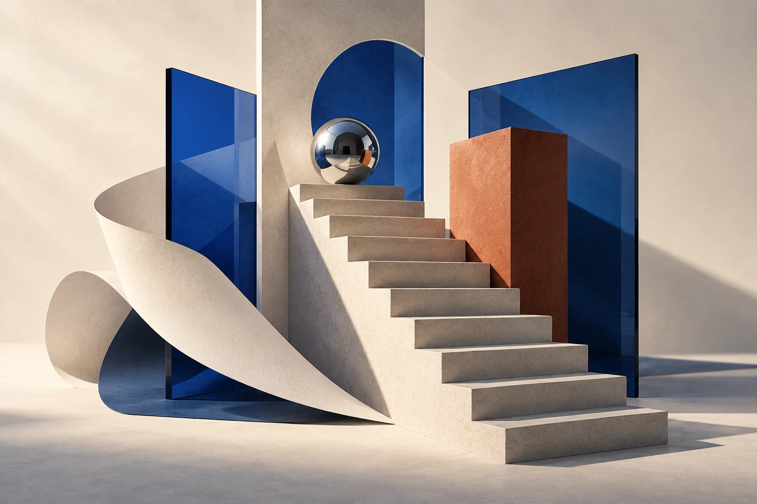 Composición conceptual de una escalera, papel y vidrio azul que representa perspectiva y construcción.