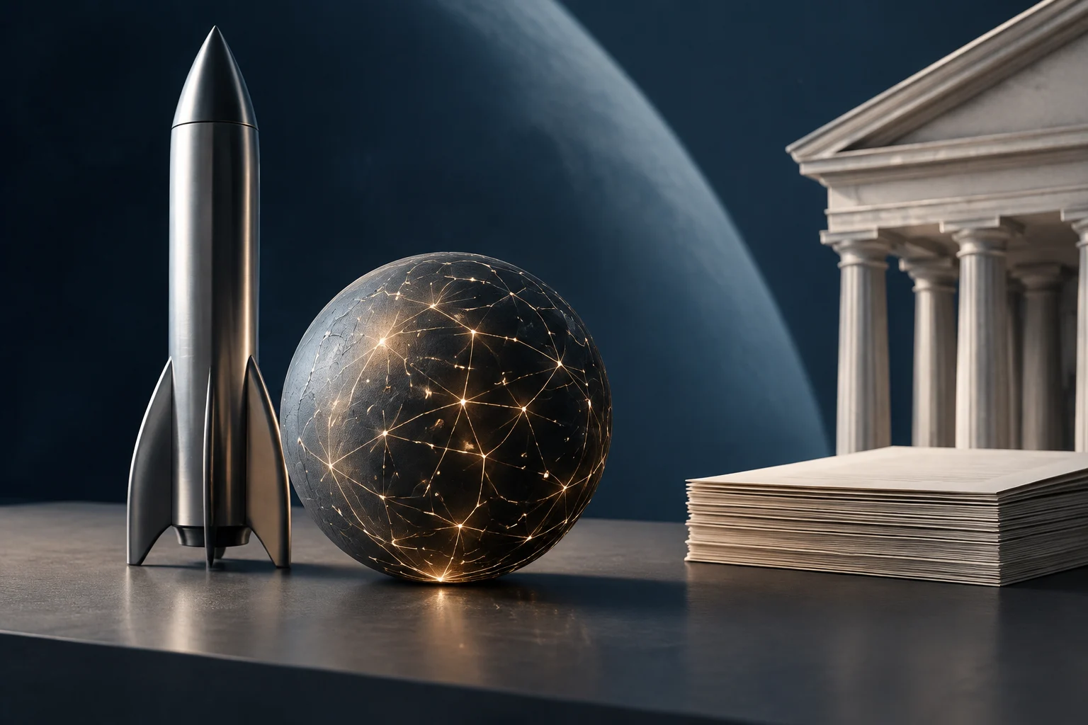 Un razzo argentato e una sfera scura attraversata da linee luminose sono appoggiati su una superficie; sullo sfondo si vede un grande pianeta e, a destra, un edificio classico accanto a una pila di documenti.