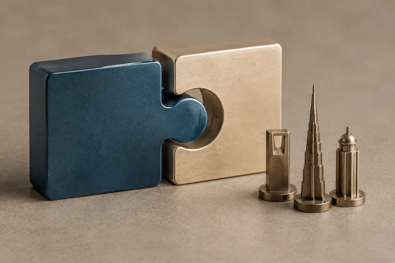 Due pezzi di puzzle, uno blu e uno dorato, si incastrano accanto a tre piccole sagome di edifici su una superficie neutra.