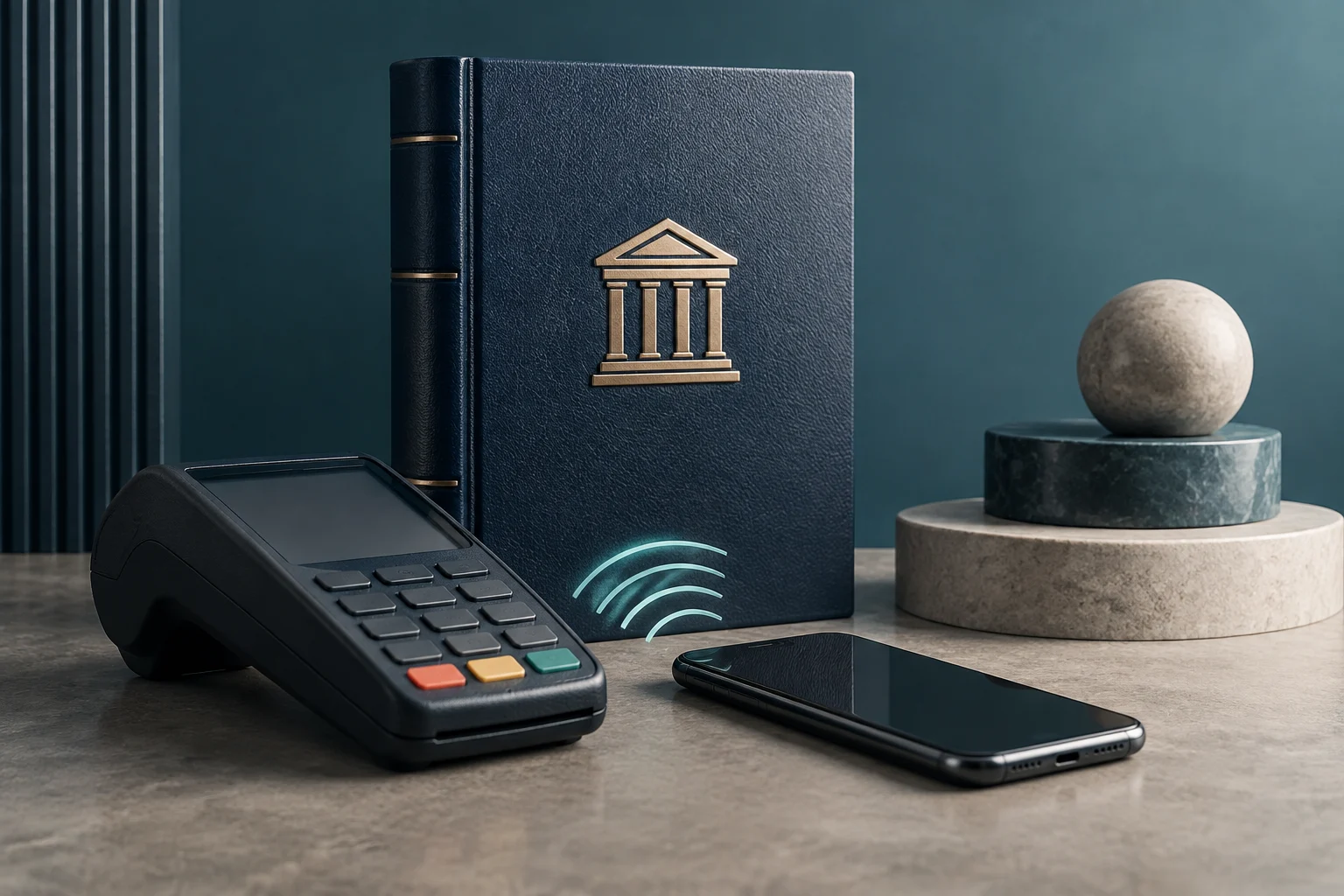 Un terminale di pagamento e un telefono sono appoggiati su un tavolo, davanti a un libro scuro con il simbolo di un edificio bancario, accanto a forme circolari in pietra.