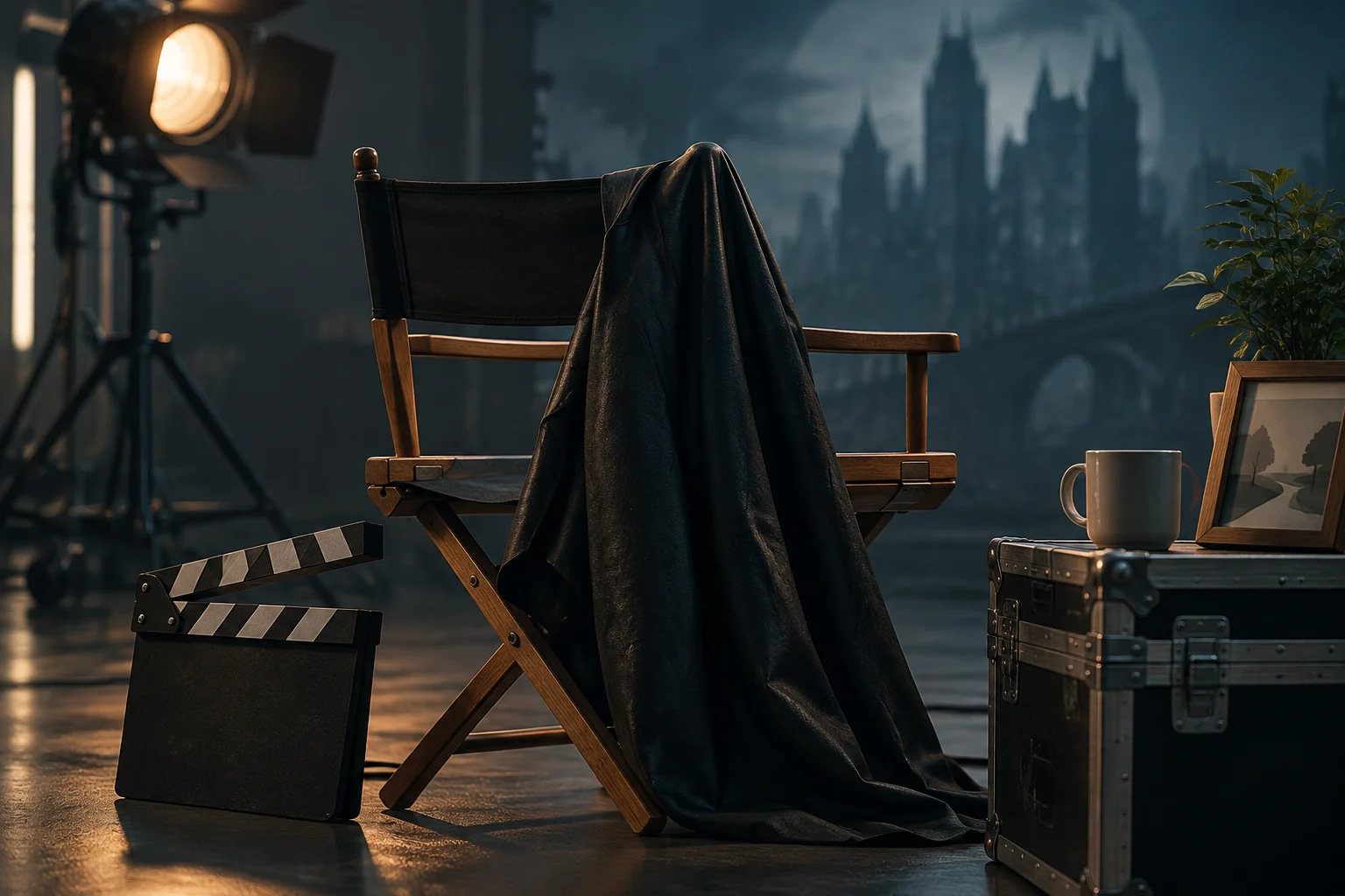 Una sedia da regista vuota con un mantello nero appoggiato, un ciak aperto e attrezzatura cinematografica davanti a una città buia.