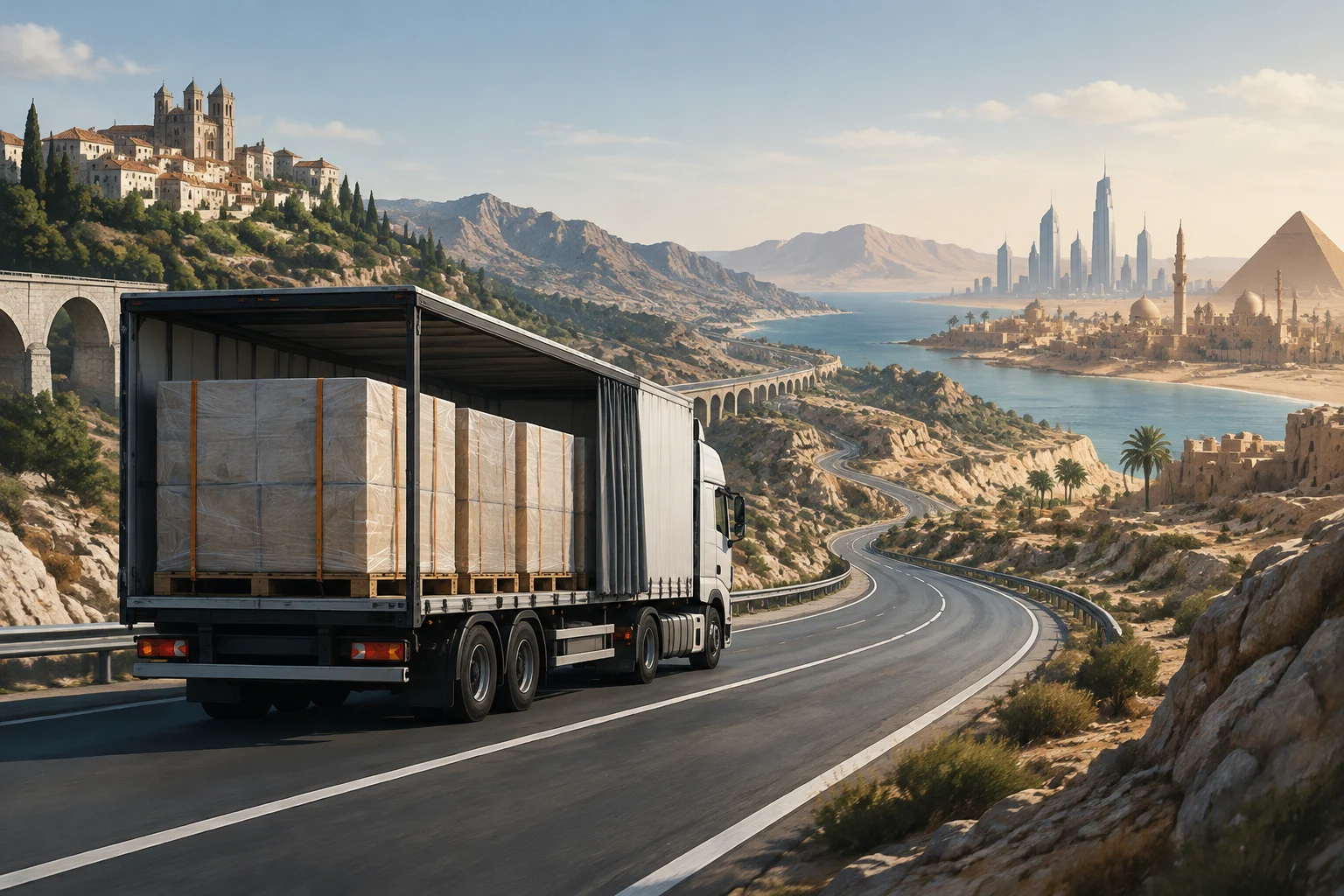 Un camion con il cassone aperto trasporta pallet avvolti lungo una strada tortuosa, tra un paesaggio montuoso con edifici dall’aspetto iberico e una costa desertica con una piramide e grattacieli.