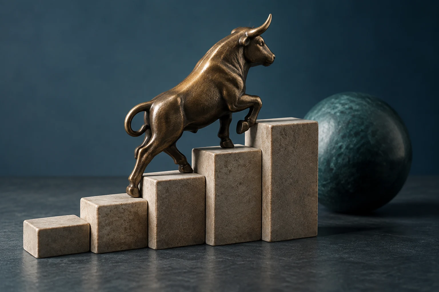 Un toro dall’aspetto scultoreo sale su una serie di blocchi di pietra via via più alti; sullo sfondo c’è una sfera scura.