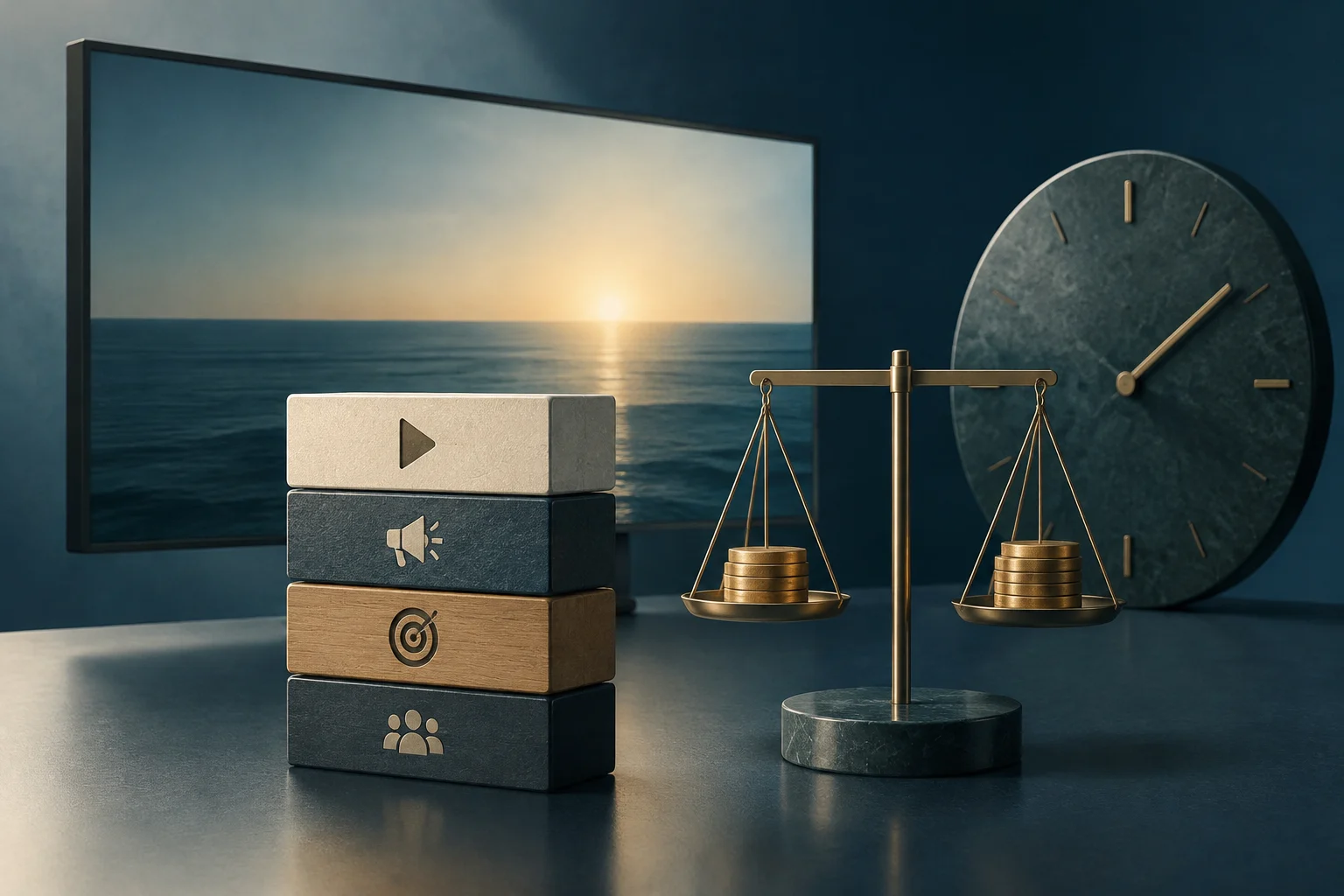 Uno schermo mostra il mare al tramonto. Davanti ci sono blocchi con icone di riproduzione, un megafono, un bersaglio e alcune persone; accanto, una bilancia regge pile di monete davanti a un grande orologio.