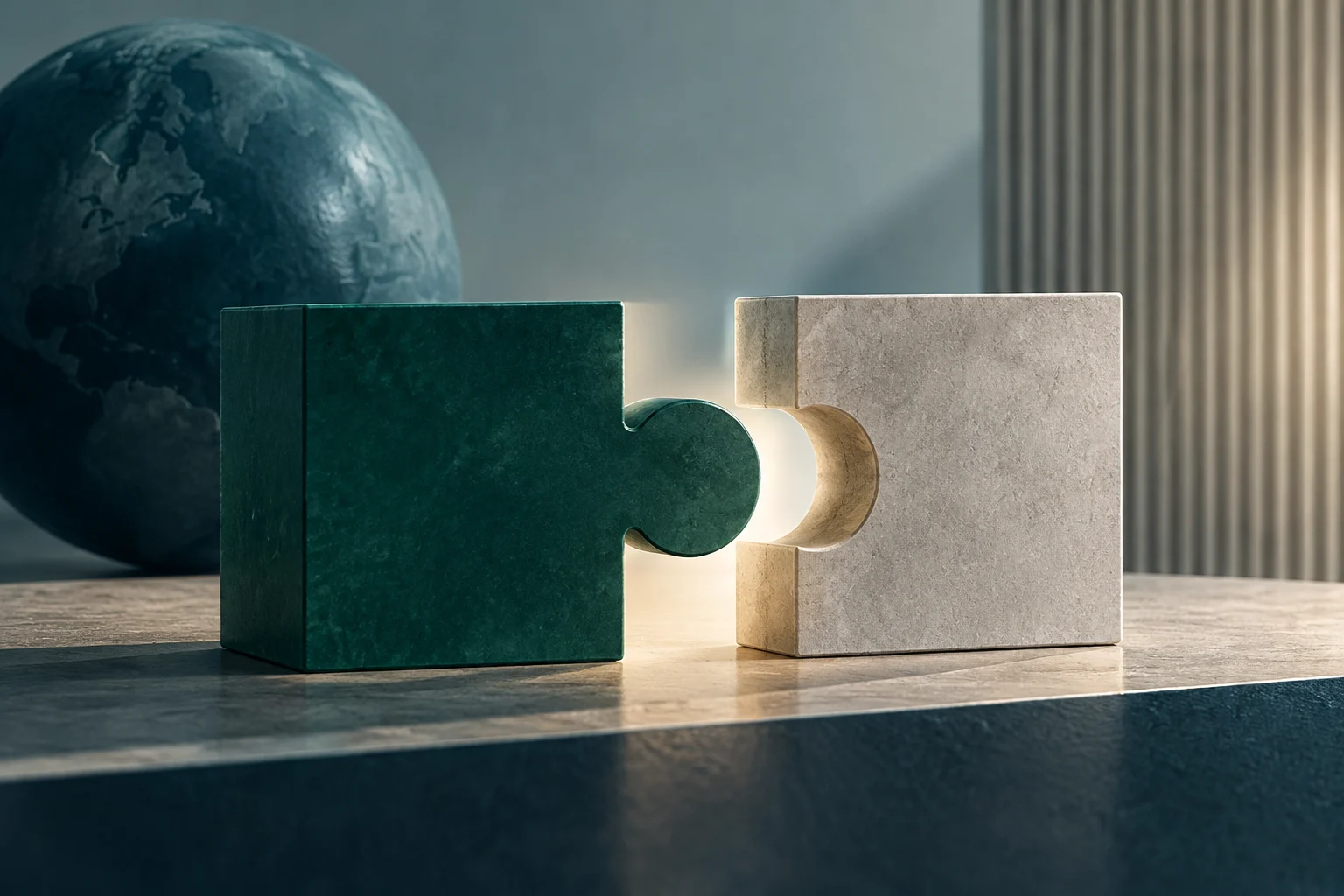 Due blocchi a forma di pezzi di puzzle, uno verde scuro e l’altro chiaro, stanno per unirsi su una superficie di pietra; sullo sfondo c’è un globo.
