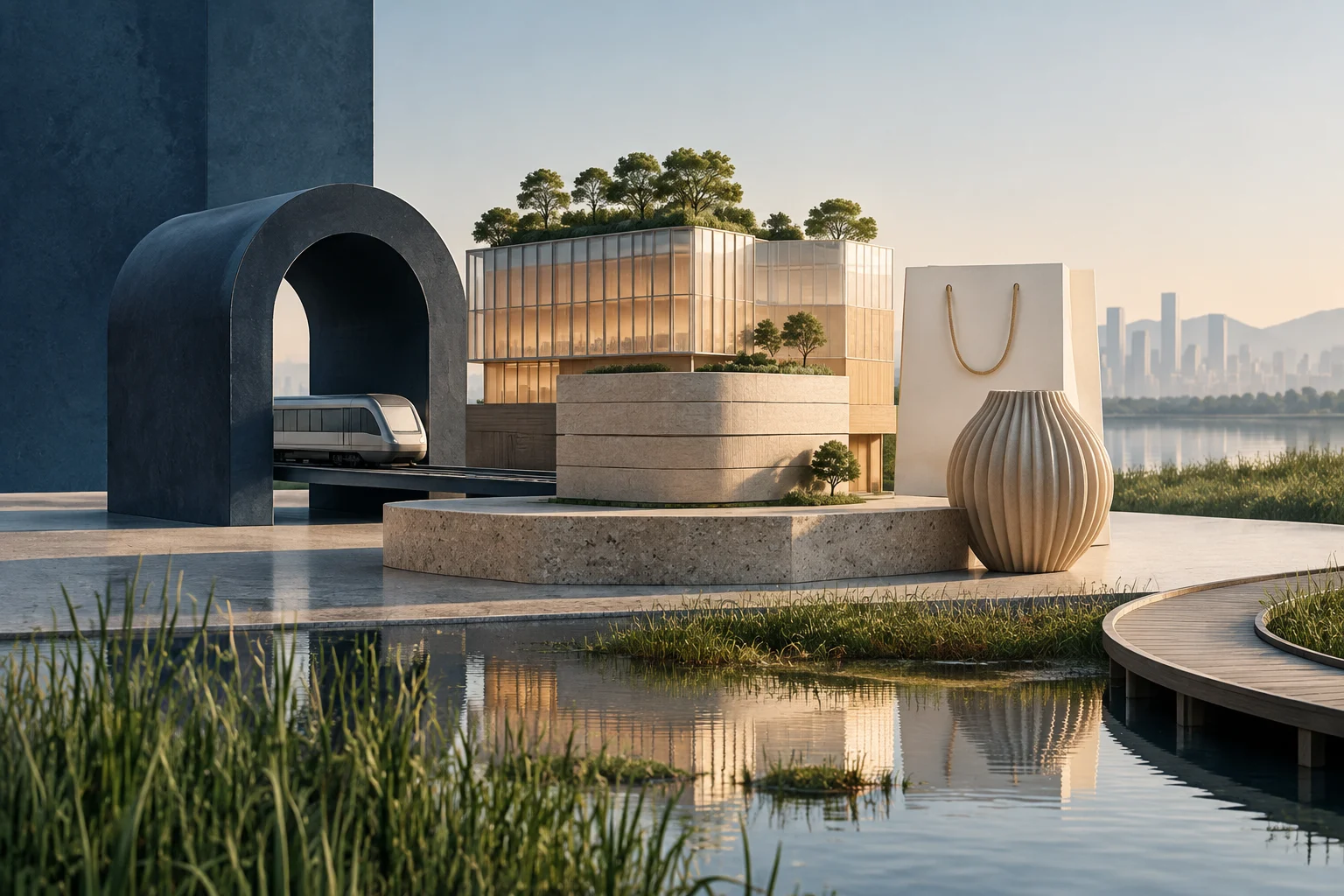 Visualizzazione architettonica di un moderno complesso su più livelli accanto a una zona umida, con alberi sulle terrazze, un treno che attraversa un arco scuro e una passerella sull’acqua. A destra si trova una grande borsa della spesa scultorea.
