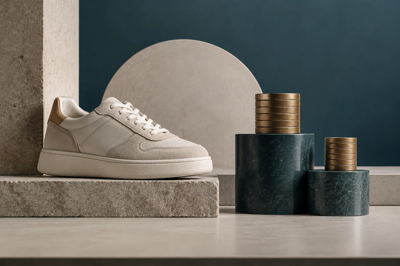 Una sneaker bianca accanto a due pile di monete dorate su piedistalli scuri.
