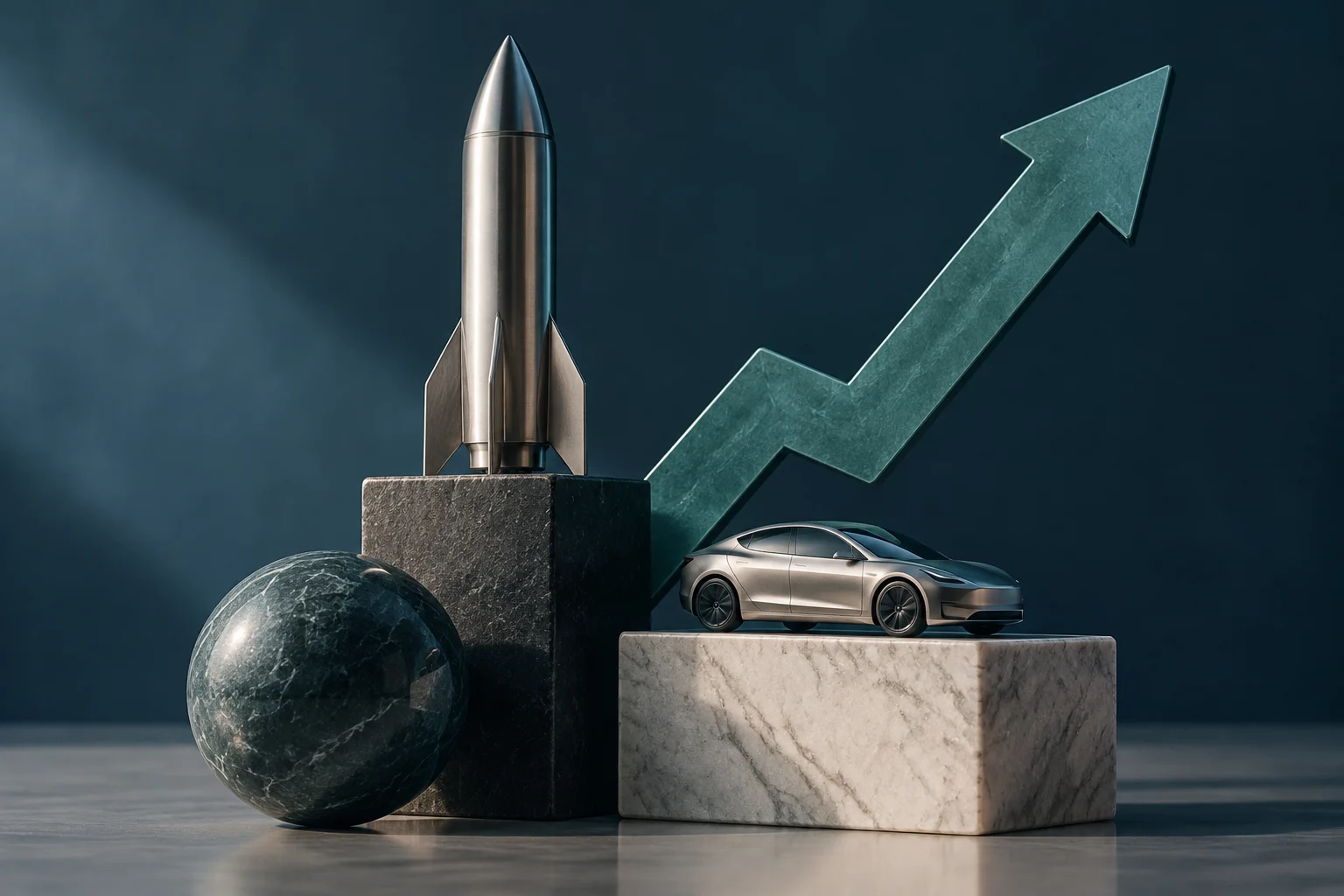 Un razzo metallico e un’auto argentata poggiano su piedistalli di pietra, accanto a una sfera scura e a una grande freccia rivolta verso l’alto.