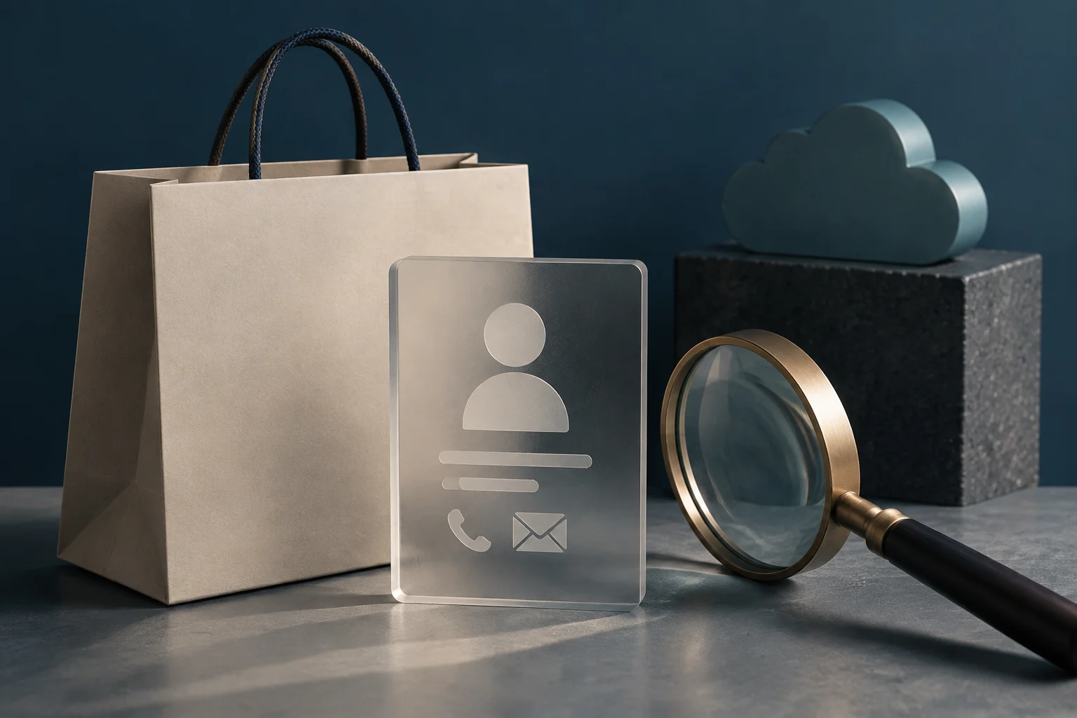 Una borsa della spesa accanto a una targa con icone di profilo e contatto, una lente d’ingrandimento e una forma di nuvola.