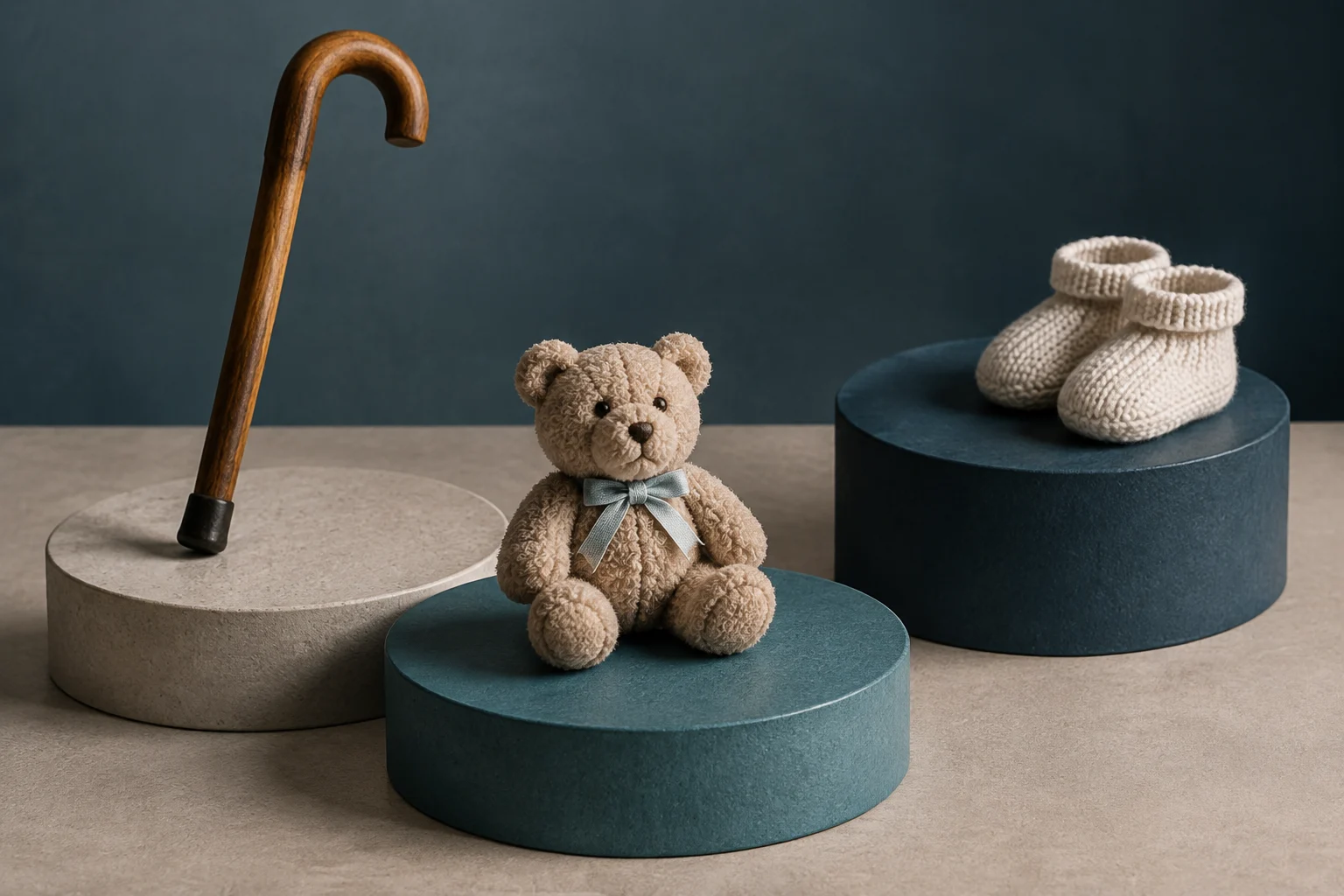 Un bastone di legno, un orsetto di peluche e scarpine da neonato lavorate a maglia sono disposti su piedistalli cilindrici.