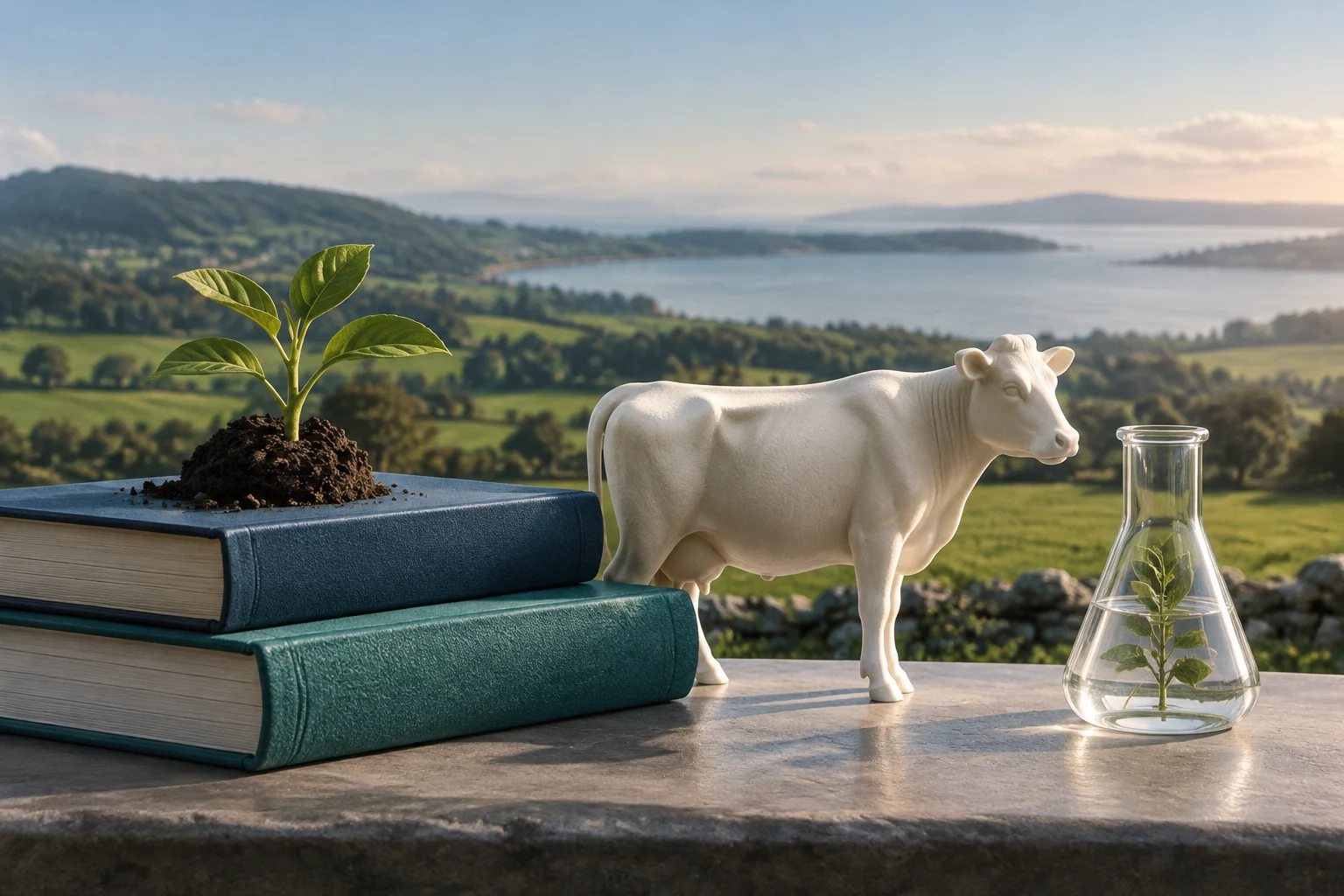 Una mucca bianca è accanto a due libri, a una pianta che spunta dalla terra e a un matraccio con un’altra pianta, davanti a un paesaggio rurale di colline e acqua.