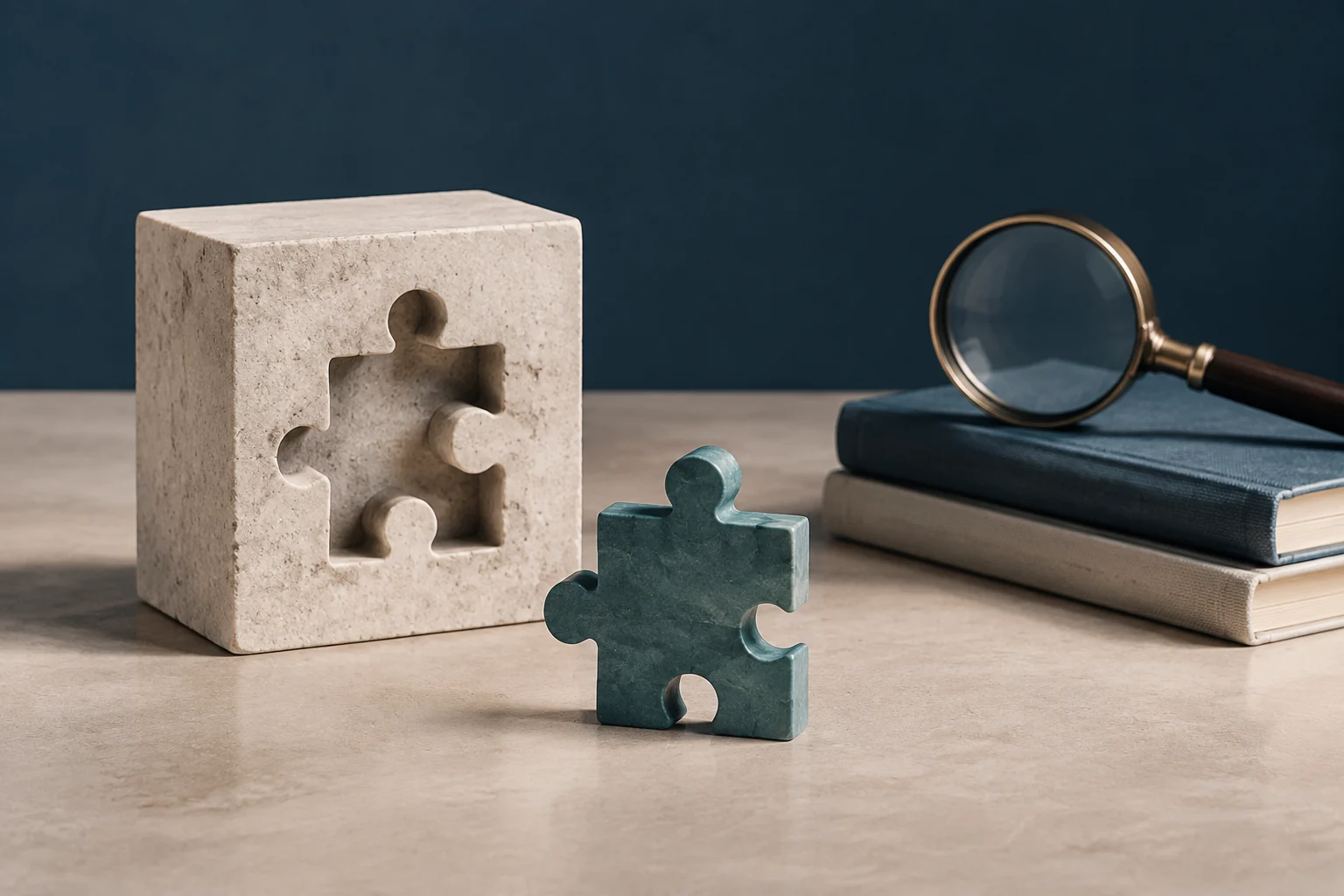 Un pezzo di puzzle verde è separato da un blocco chiaro con un incavo della stessa forma; sullo sfondo, una lente d’ingrandimento è appoggiata su due libri.