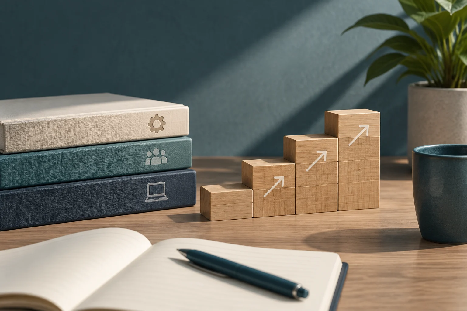 Su un tavolo ci sono tre libri con icone di ingranaggio, persone e computer, un quaderno aperto con una penna e blocchi di legno disposti a gradini con frecce rivolte verso l’alto.