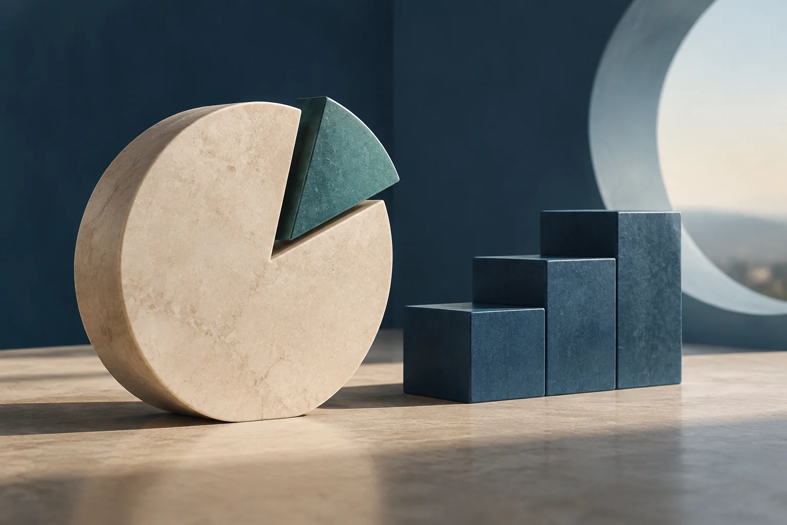 Un cerchio di pietra chiara con un segmento verde staccato è accanto a tre blocchi blu scuro di altezza crescente, su una superficie illuminata.