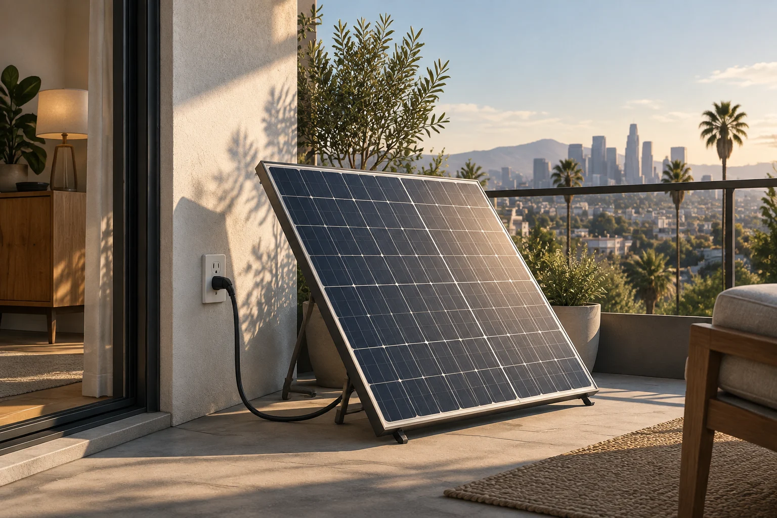 Un pannello solare portatile è appoggiato su una terrazza e collegato con un cavo a una presa a muro; sullo sfondo si vedono piante ed edifici urbani.