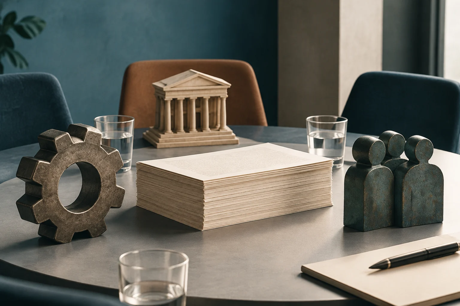Su un tavolo da riunione si trovano una pila di documenti, un modellino di edificio con colonne, un pezzo metallico a forma di ingranaggio e alcune figure umane stilizzate. Intorno ci sono sedie, bicchieri e un taccuino con una penna.