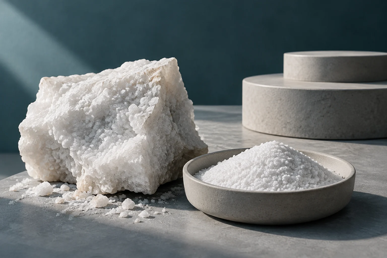Un blocco di materiale cristallino bianco accanto a polvere granulosa in una ciotola, su una superficie grigia; sullo sfondo ci sono due contenitori cilindrici di pietra.
