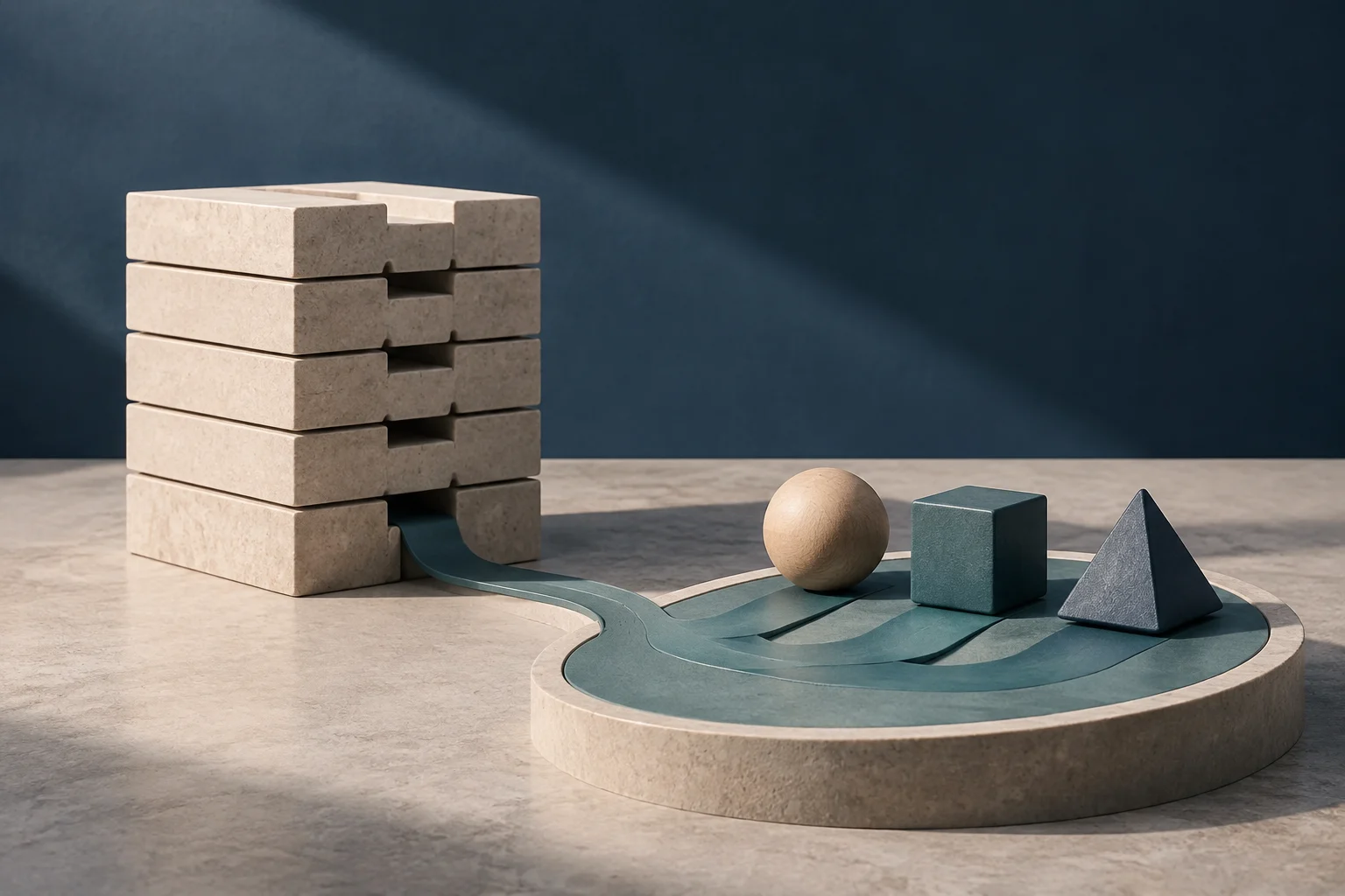 Una pila di blocchi rettangolari di pietra è collegata tramite canali curvi a una piattaforma circolare con una sfera, un cubo e una piramide.