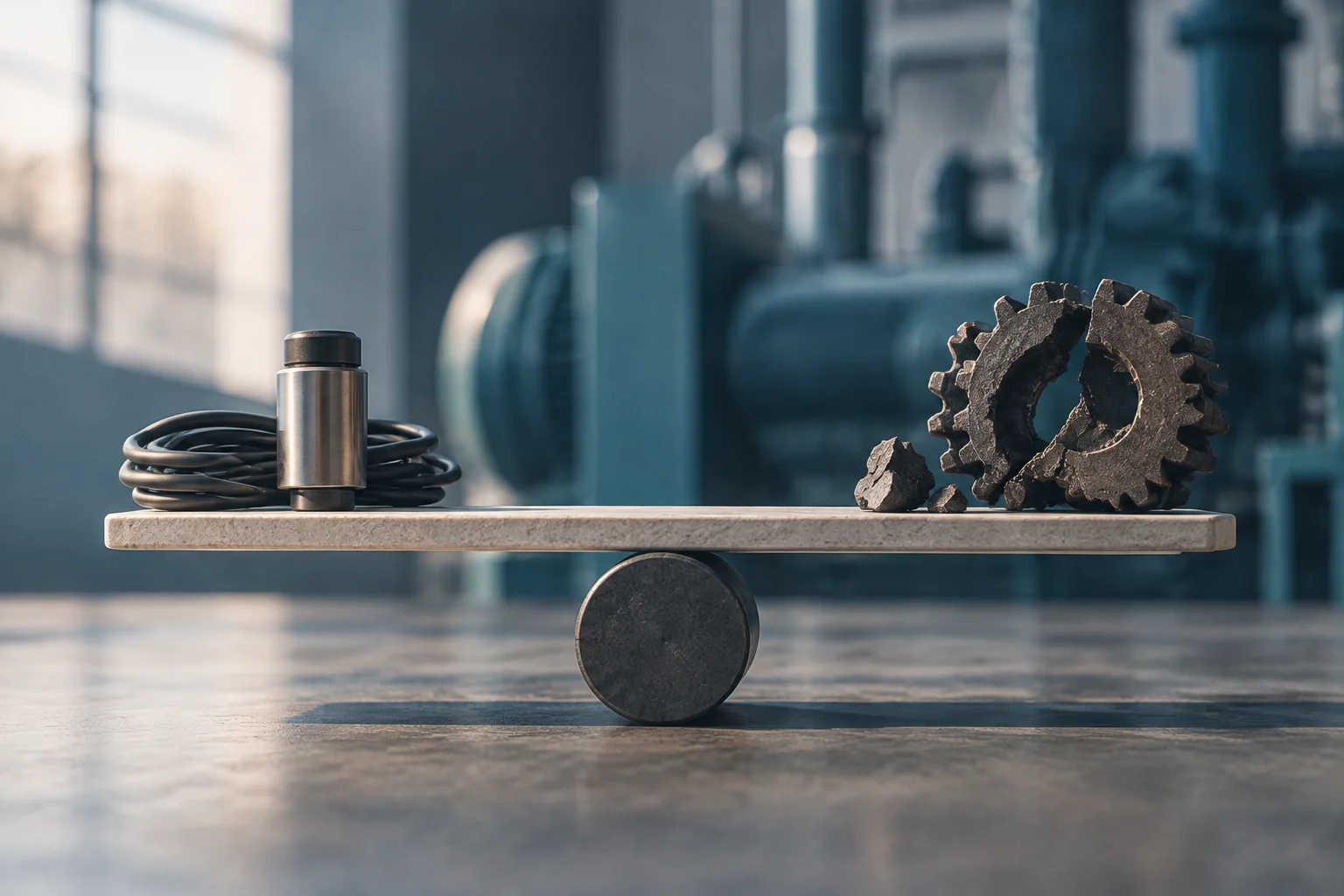 Una bilancia di pietra in una fabbrica: da un lato ci sono un sensore metallico e dei cavi, dall’altro un ingranaggio rotto e dei frammenti.