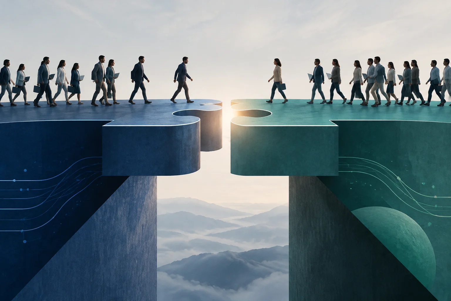 Due gruppi di professionisti camminano su grandi piattaforme blu e verdi a forma di tessere di un puzzle che si avvicinano. Linee simili a circuiti percorrono i lati, mentre tra le piattaforme si vede un paesaggio montuoso tra le nuvole.