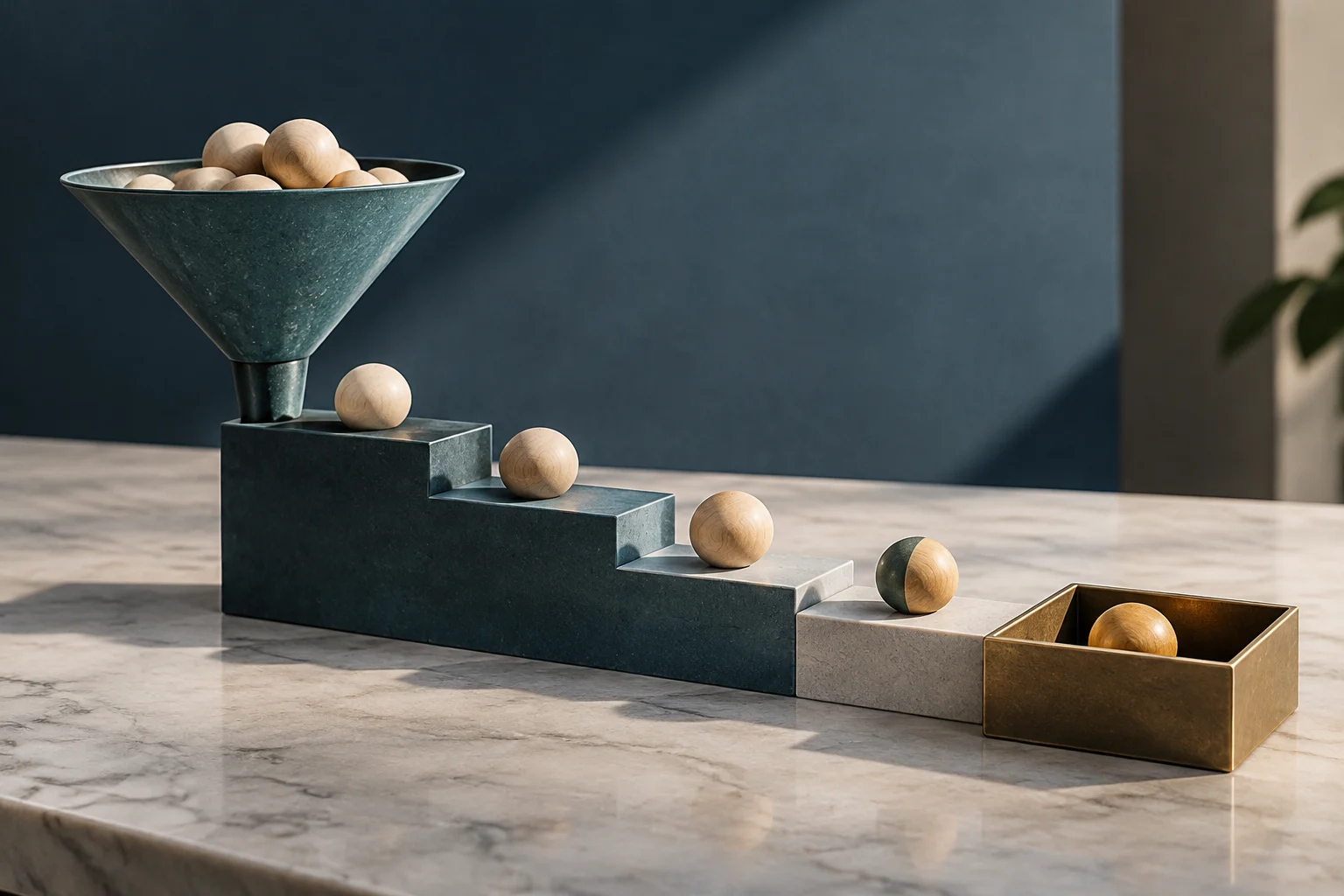 Una serie di sfere di legno attraversa un imbuto e scende lungo gradini di pietra verso una scatola aperta.