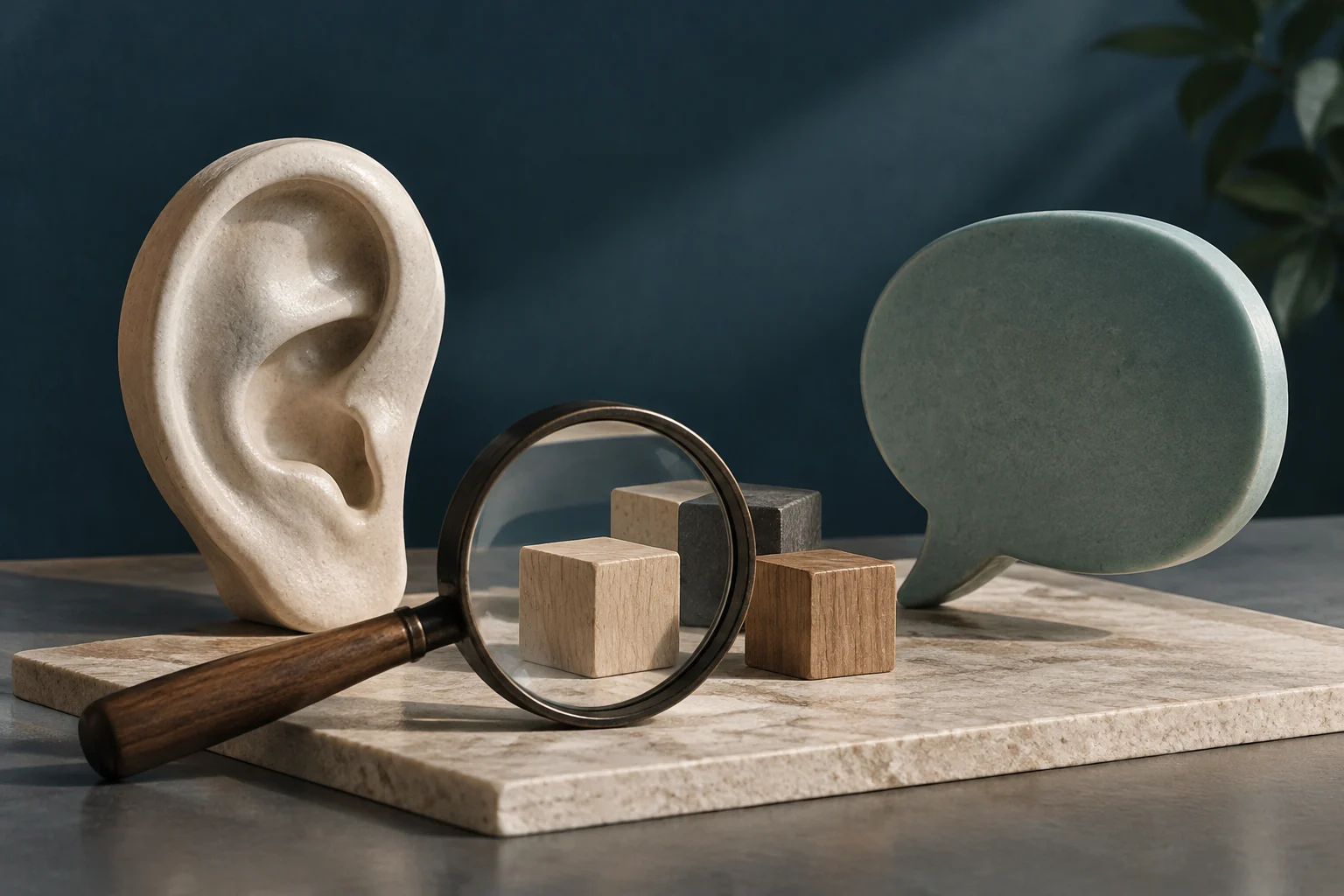 Un orecchio scolpito, una lente d’ingrandimento e vari blocchi di legno e pietra accanto a una nuvoletta vuota.