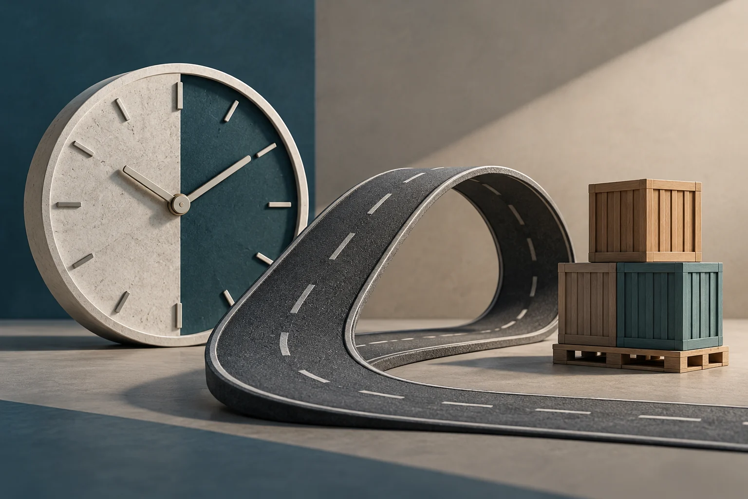 Un grande orologio accanto a una strada sinuosa in miniatura e a diverse casse impilate su un pallet.