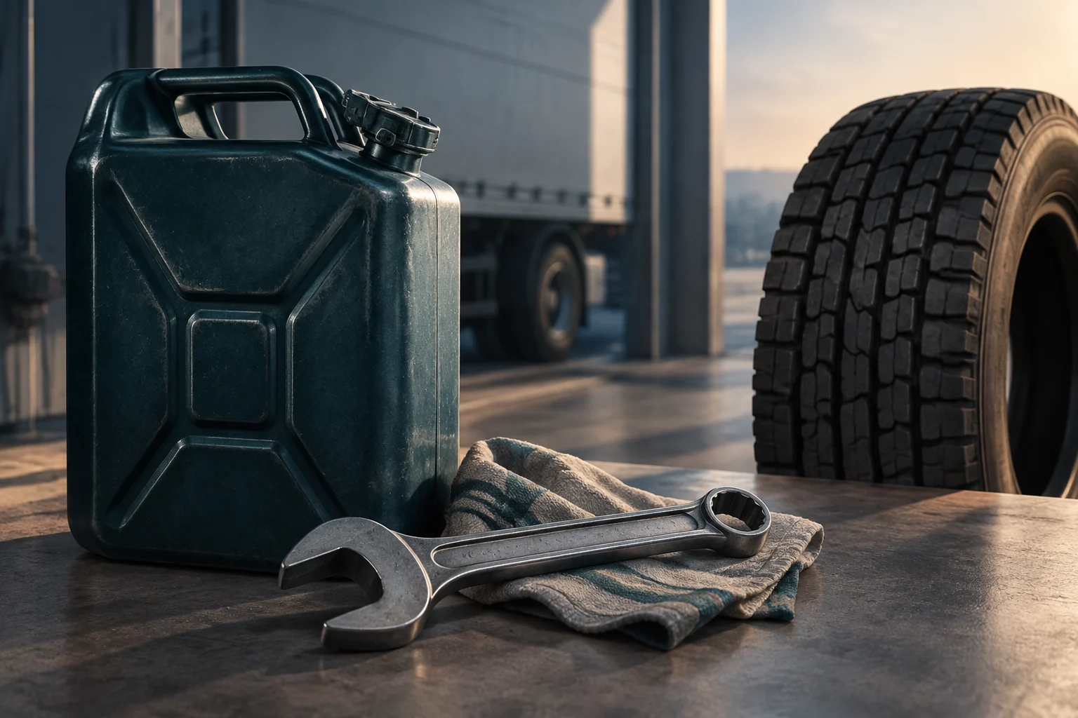 Una tanica di carburante e una chiave inglese sono appoggiate su un panno accanto a uno pneumatico da camion; sullo sfondo si intravede un altro camion sfocato.