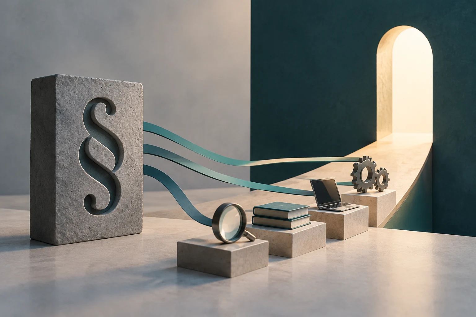 Una lastra di pietra con il simbolo § è collegata da fasce curve a una lente d’ingrandimento, libri, un portatile e ingranaggi, disposti accanto a un percorso che conduce a una porta illuminata.
