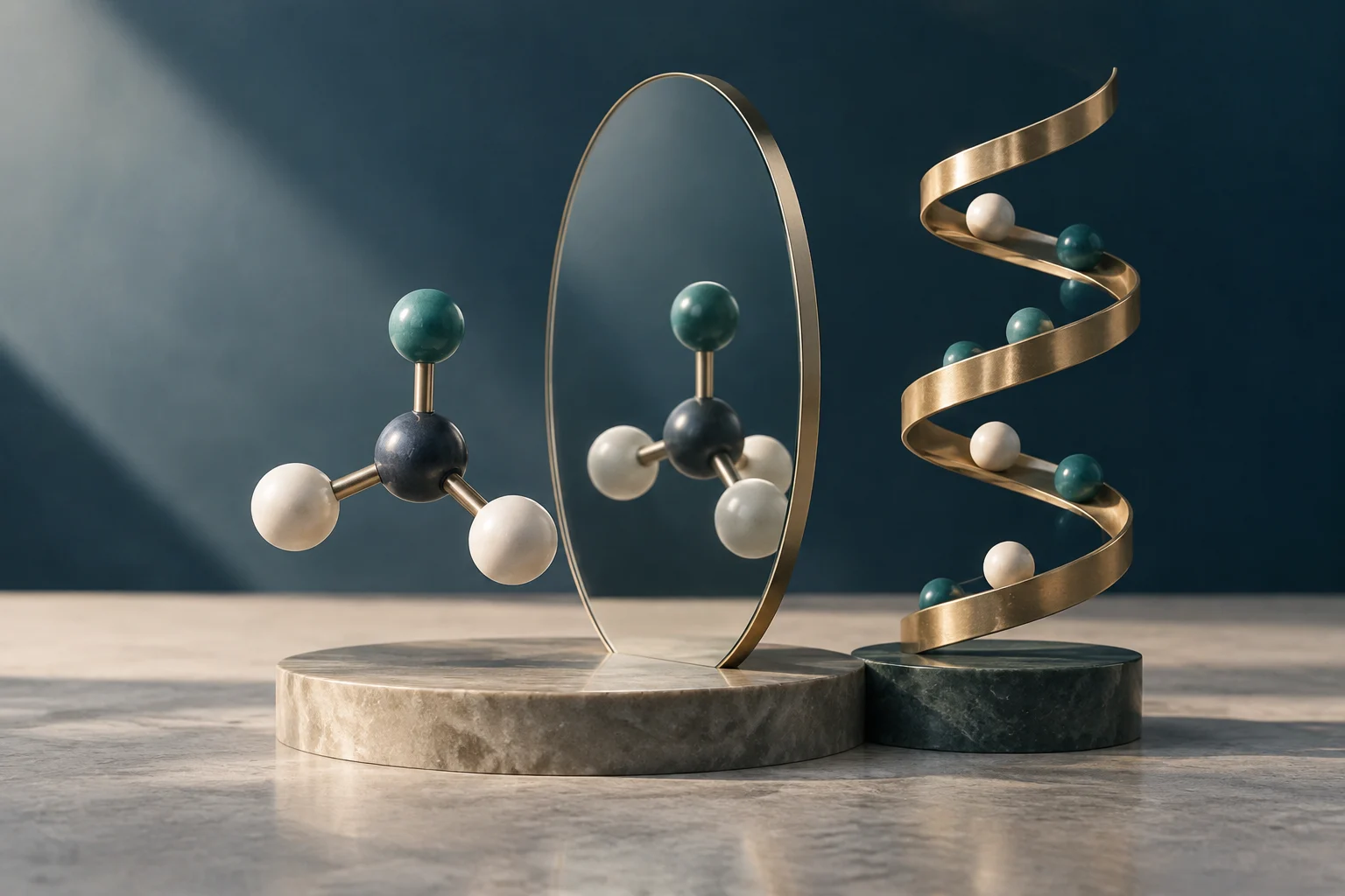 Una scultura concettuale mostra due modelli molecolari a sfere e bastoncini, separati da un anello dorato, accanto a un nastro dorato a spirale su piedistalli.