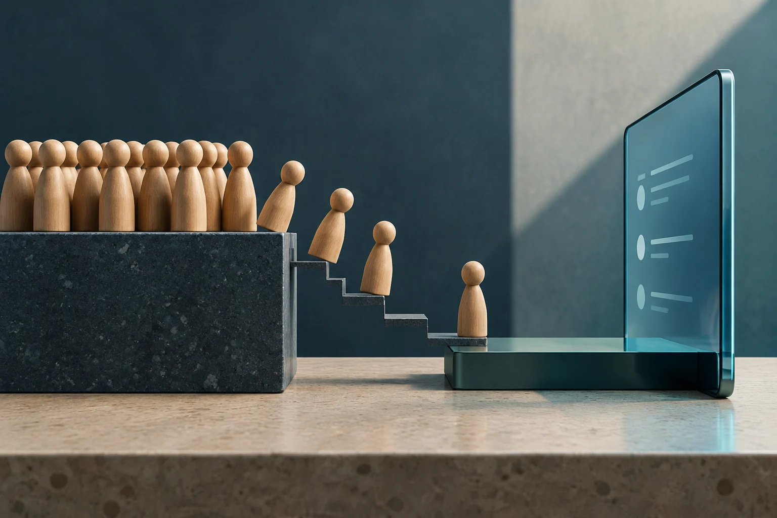 Diverse figure di legno scendono una piccola scala e diminuiscono di numero avvicinandosi a uno schermo digitale blu con simboli d’interfaccia.