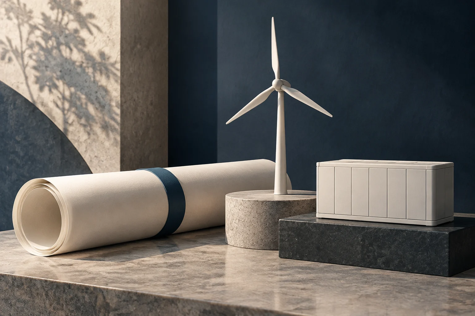 Un modellino di turbina eolica accanto a un armadio per batterie e a un progetto arrotolato, su piedistalli in pietra.