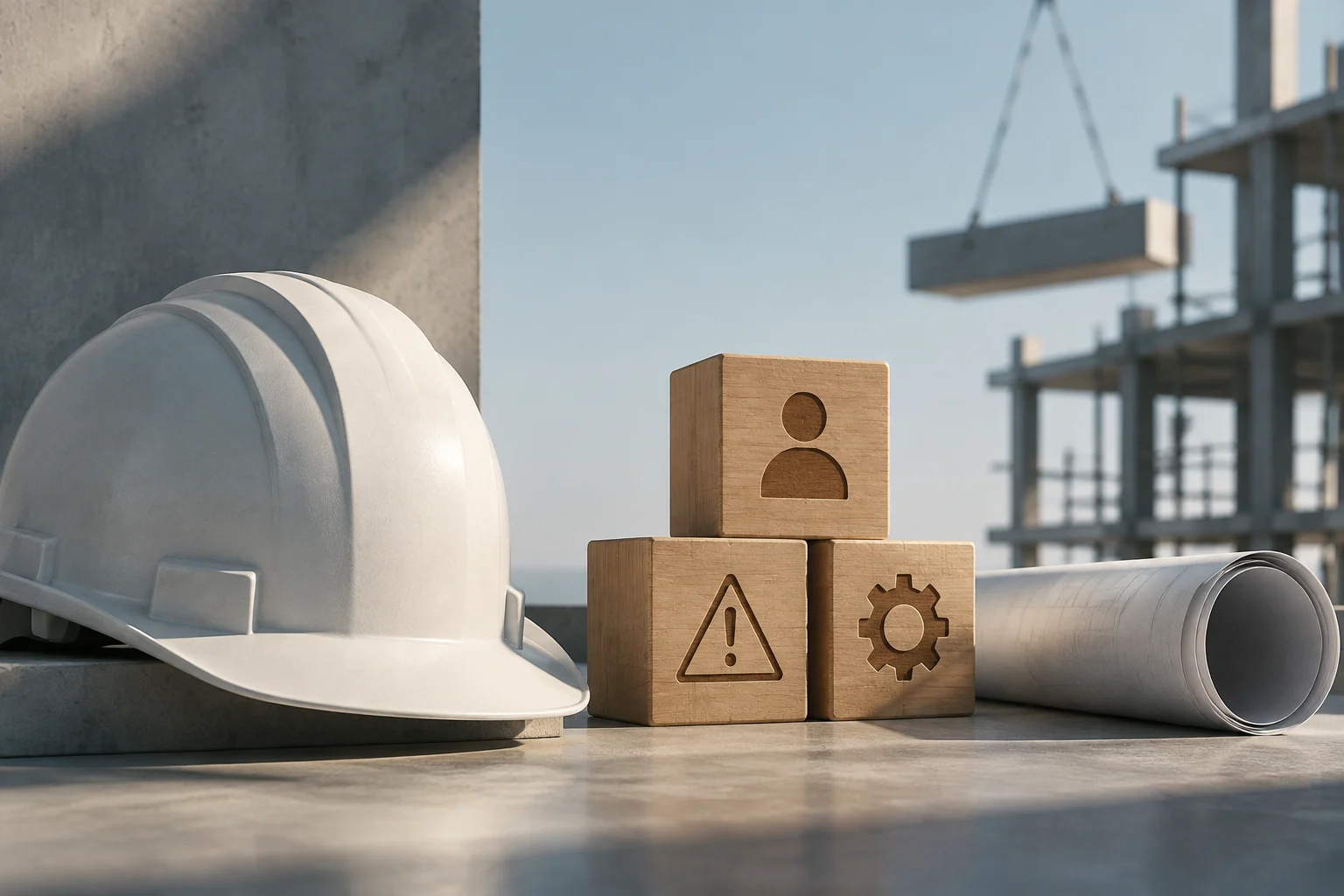 Un casco bianco e un tubo sono appoggiati davanti a un cantiere. Tre blocchi di legno mostrano i simboli di una persona, di un segnale di avvertimento e di un ingranaggio; sullo sfondo, una gru solleva una trave.