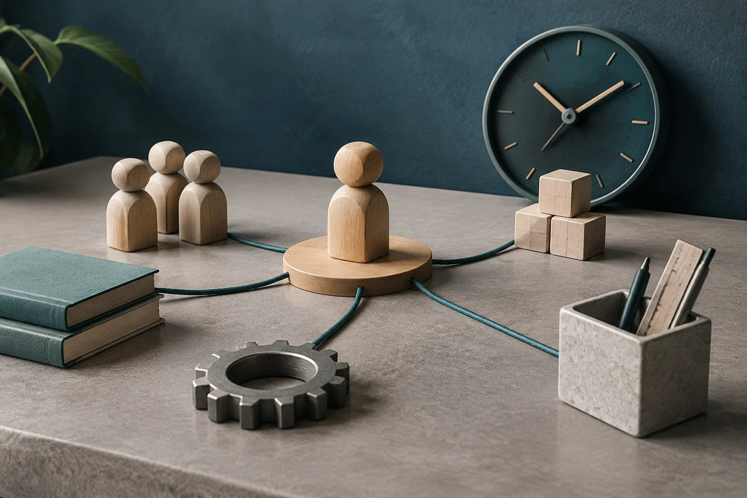 Figure di legno sono disposte su un tavolo: una è collocata su una base centrale ed è collegata da cordicelle ad altre figure, blocchi, un ingranaggio e oggetti da scrivania. Sullo sfondo c’è un orologio senza numeri.