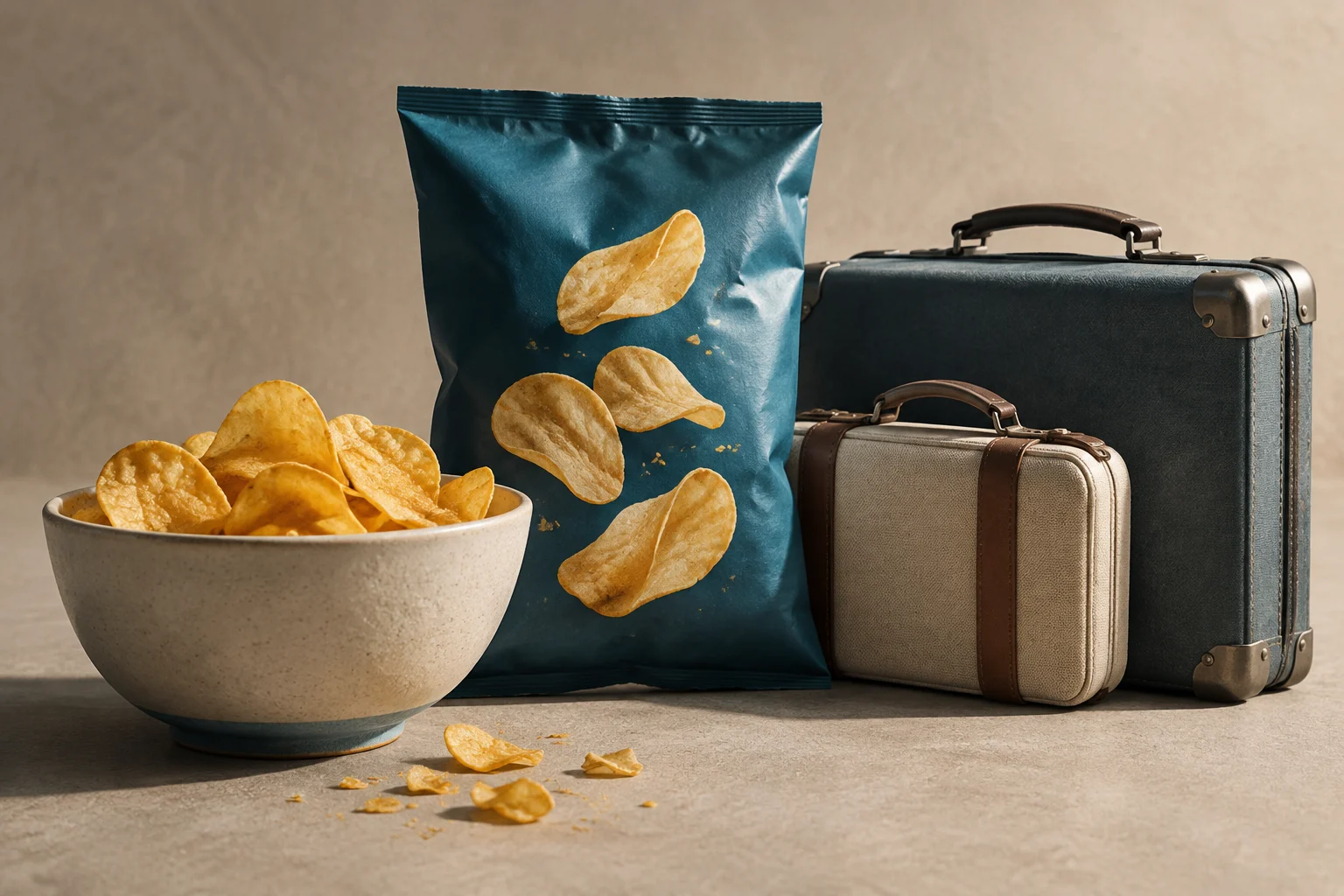 Una ciotola di patatine e un sacchetto di snack accanto a due valigie.