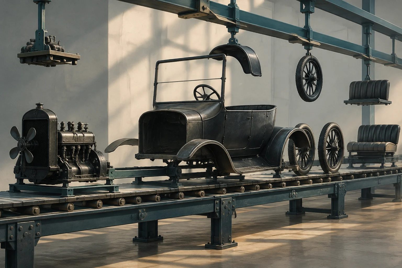 Un’automobile d’epoca parzialmente assemblata su una catena di montaggio, con ruote, sedili e altri componenti disposti su piattaforme e supporti vicini.