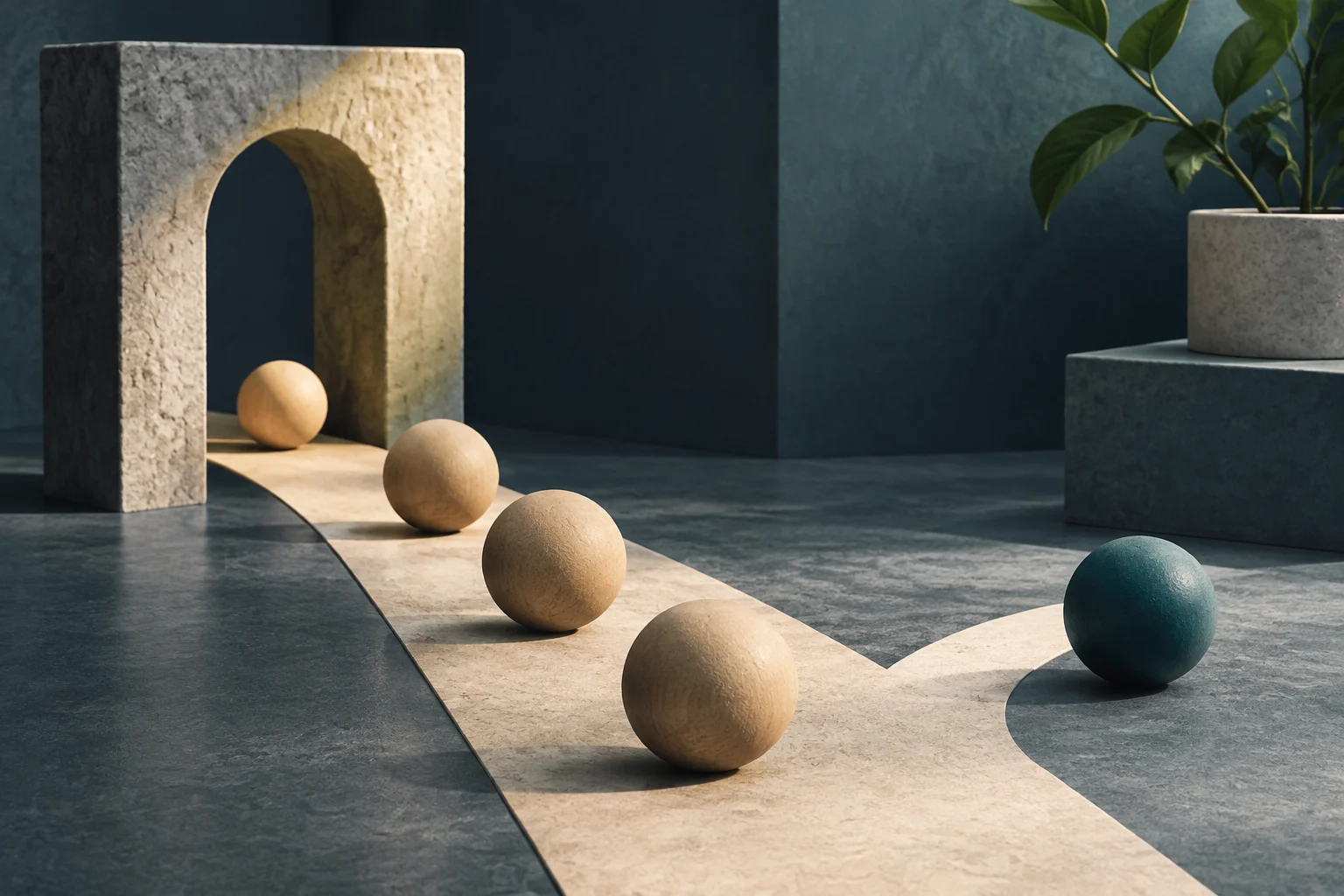 Diverse sfere beige seguono un percorso curvo che attraversa un arco di pietra, mentre una sfera blu è fuori dal percorso. Sullo sfondo c’è una pianta in vaso.