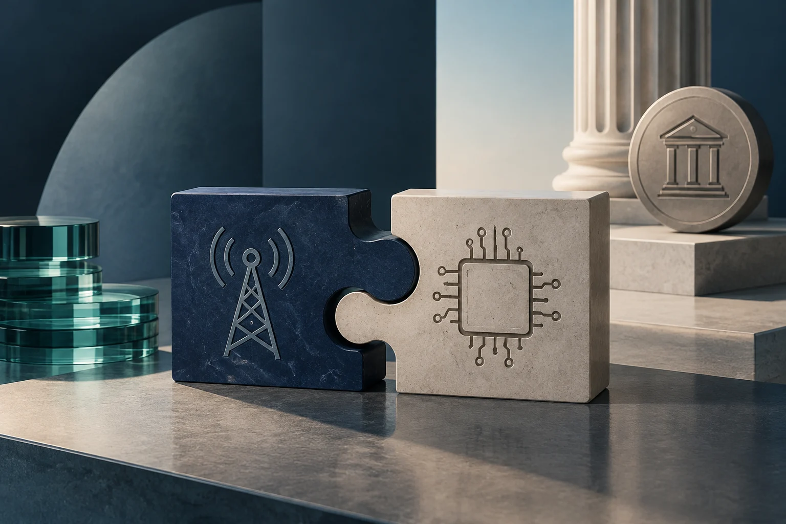Due blocchi di pietra incastrati recano i simboli di un’antenna per telecomunicazioni e di un microchip. Accanto si vedono dischi di vetro impilati e, sullo sfondo, una moneta con il rilievo di un edificio istituzionale.