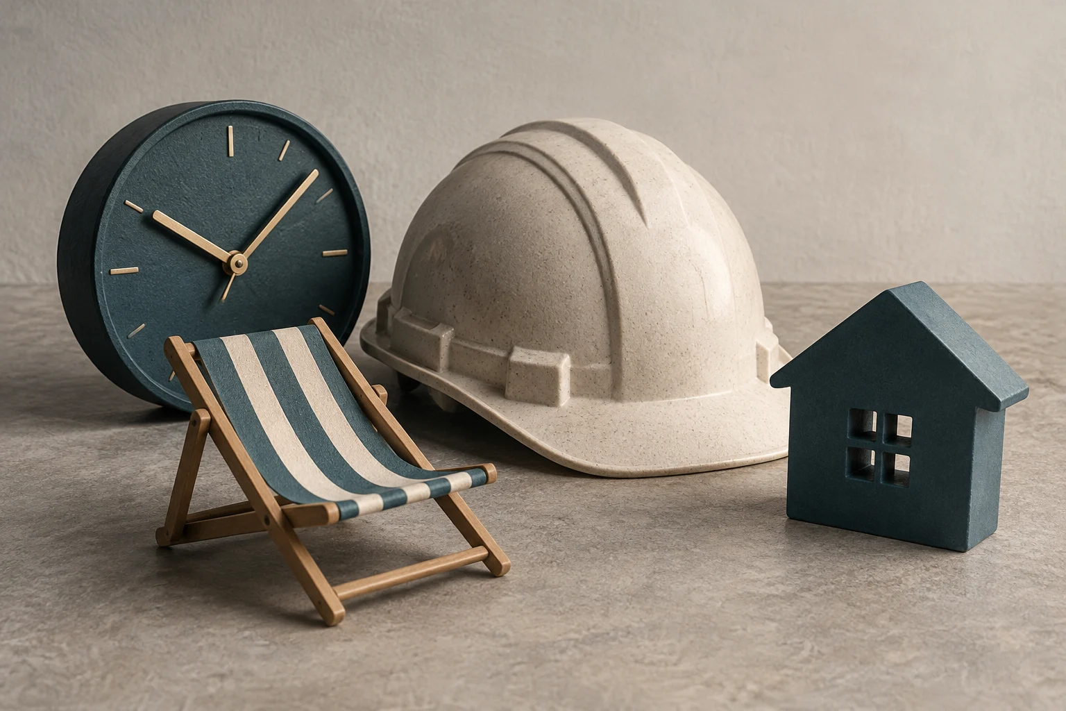 Un orologio scuro, un casco di sicurezza, una sedia pieghevole a righe e una casetta sono disposti su una superficie di pietra.