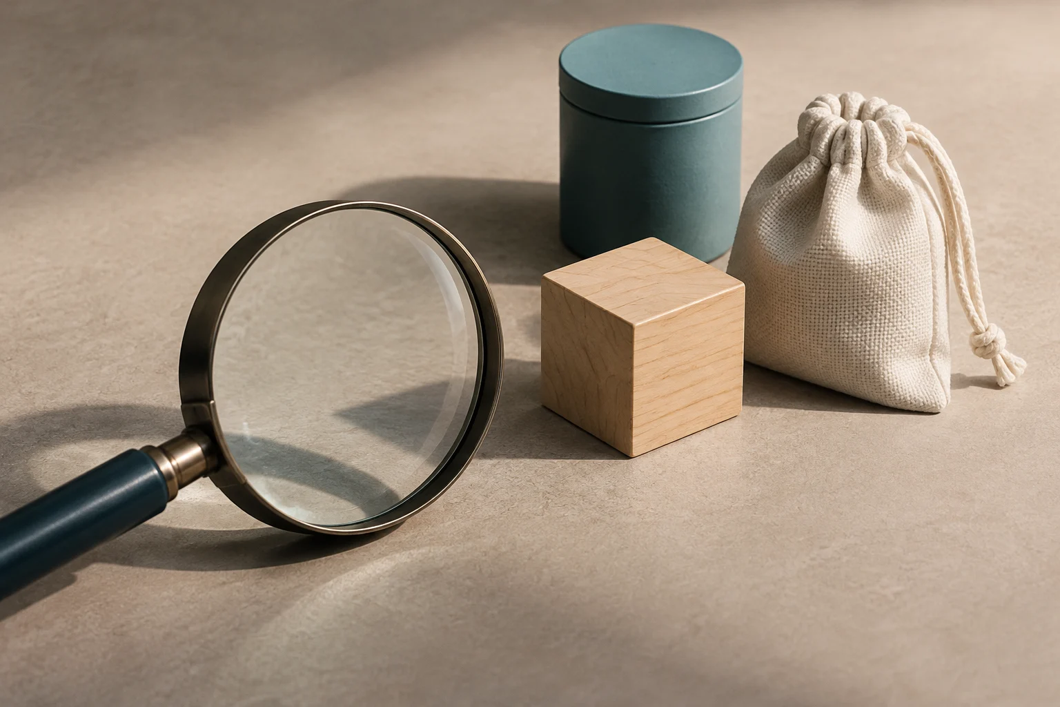 Una lente d’ingrandimento accanto a un contenitore cilindrico, una scatola di legno e un sacchetto di stoffa su una superficie beige.