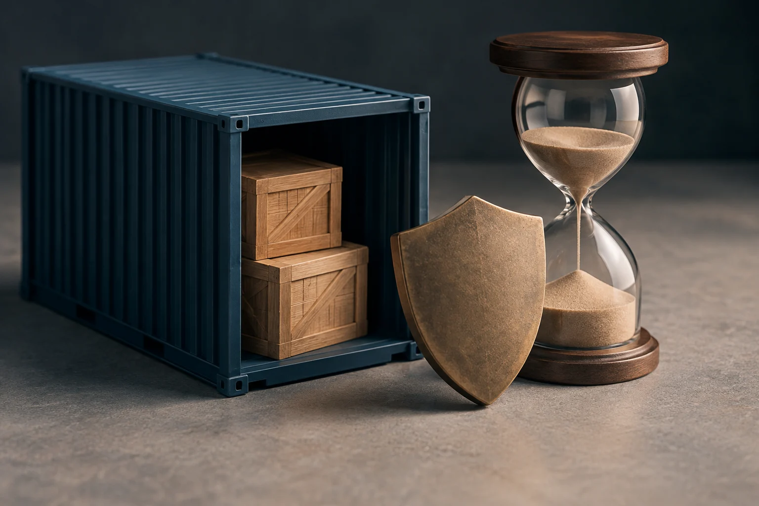 Un container aperto con casse di legno è accostato a uno scudo e a una clessidra.