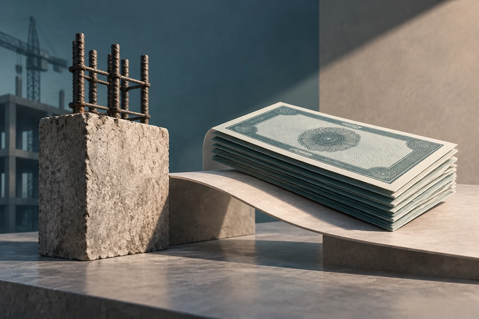 Un blocco di cemento con barre d’armatura e una gru da cantiere sullo sfondo, accanto a una pila di documenti decorati su una superficie di pietra.