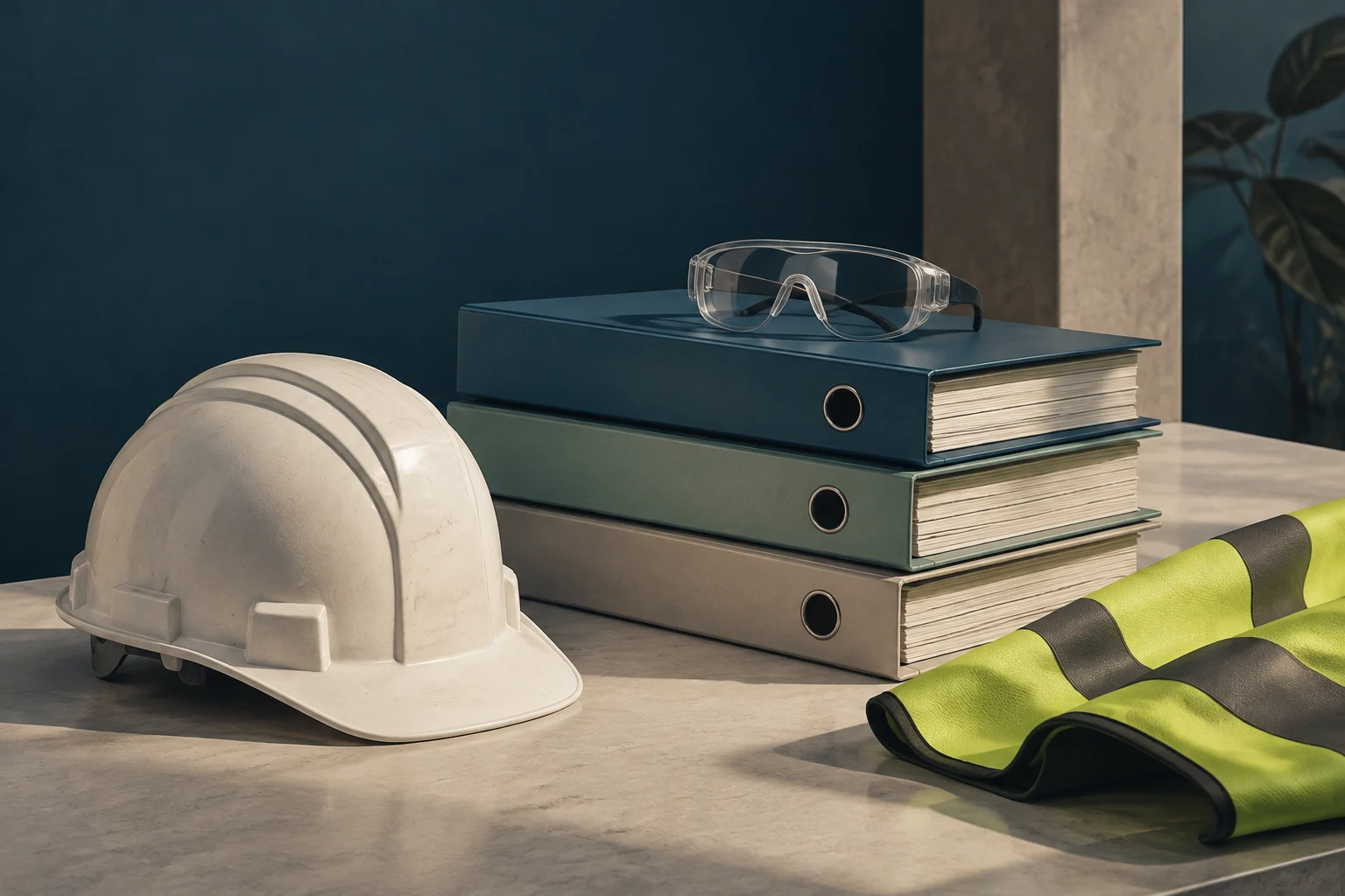 Un casco bianco e occhiali protettivi sono appoggiati accanto a tre raccoglitori spessi e a un gilet ad alta visibilità su un tavolo.