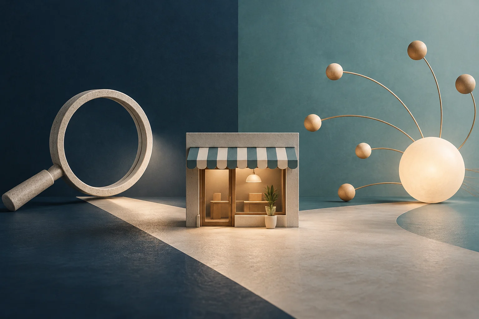 Illustrazione 3D concettuale con un negozio di pietra al centro, un grande ingranditore di pietra a sinistra e una struttura di nodi collegati a destra su uno sfondo blu.