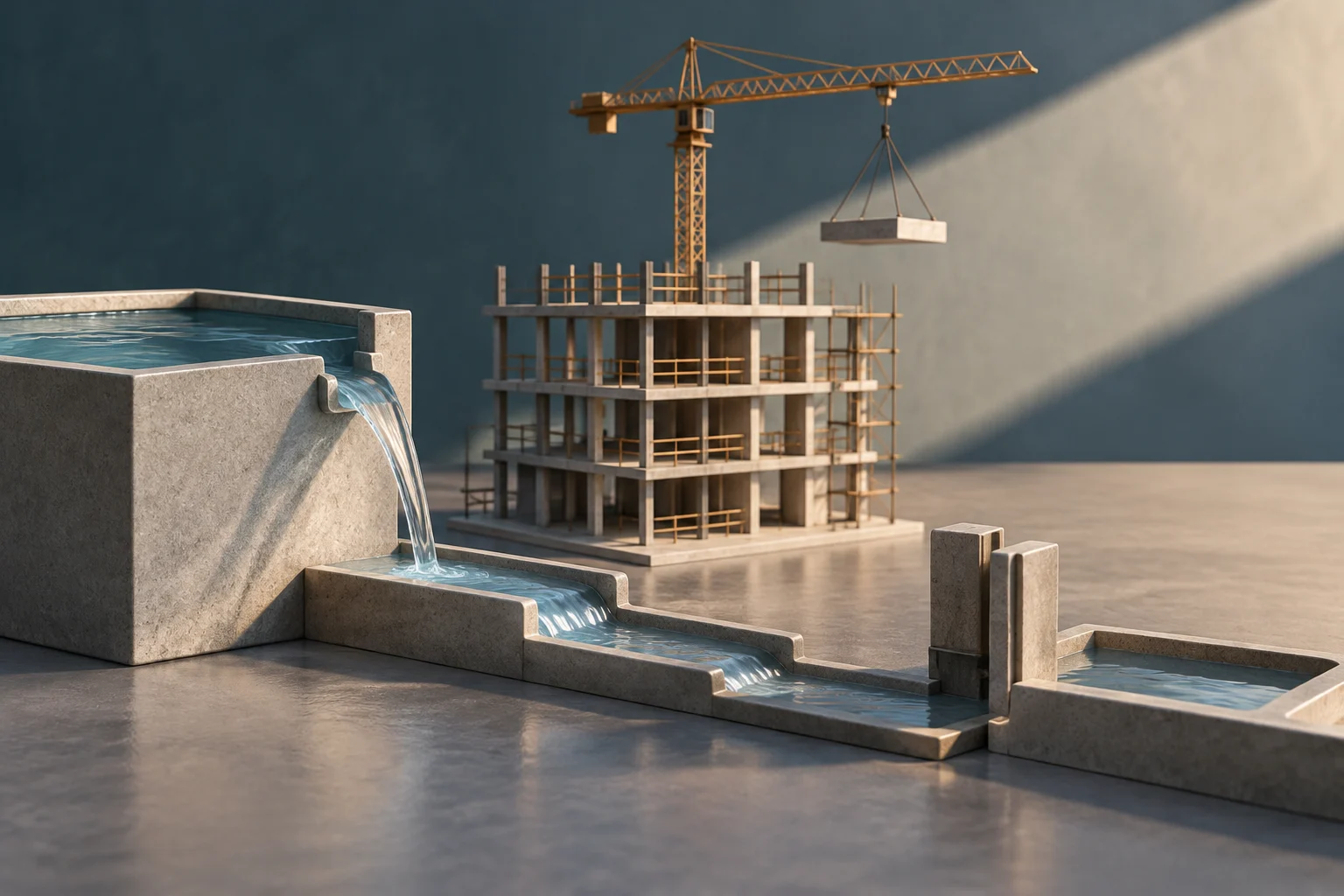 Illustrazione 3D concettuale che mostra un flusso d'acqua che cade da un serbatoio di cemento in una serie di canali e una paratoia, con un modello di edificio in costruzione e una gru gialla sullo sfondo.