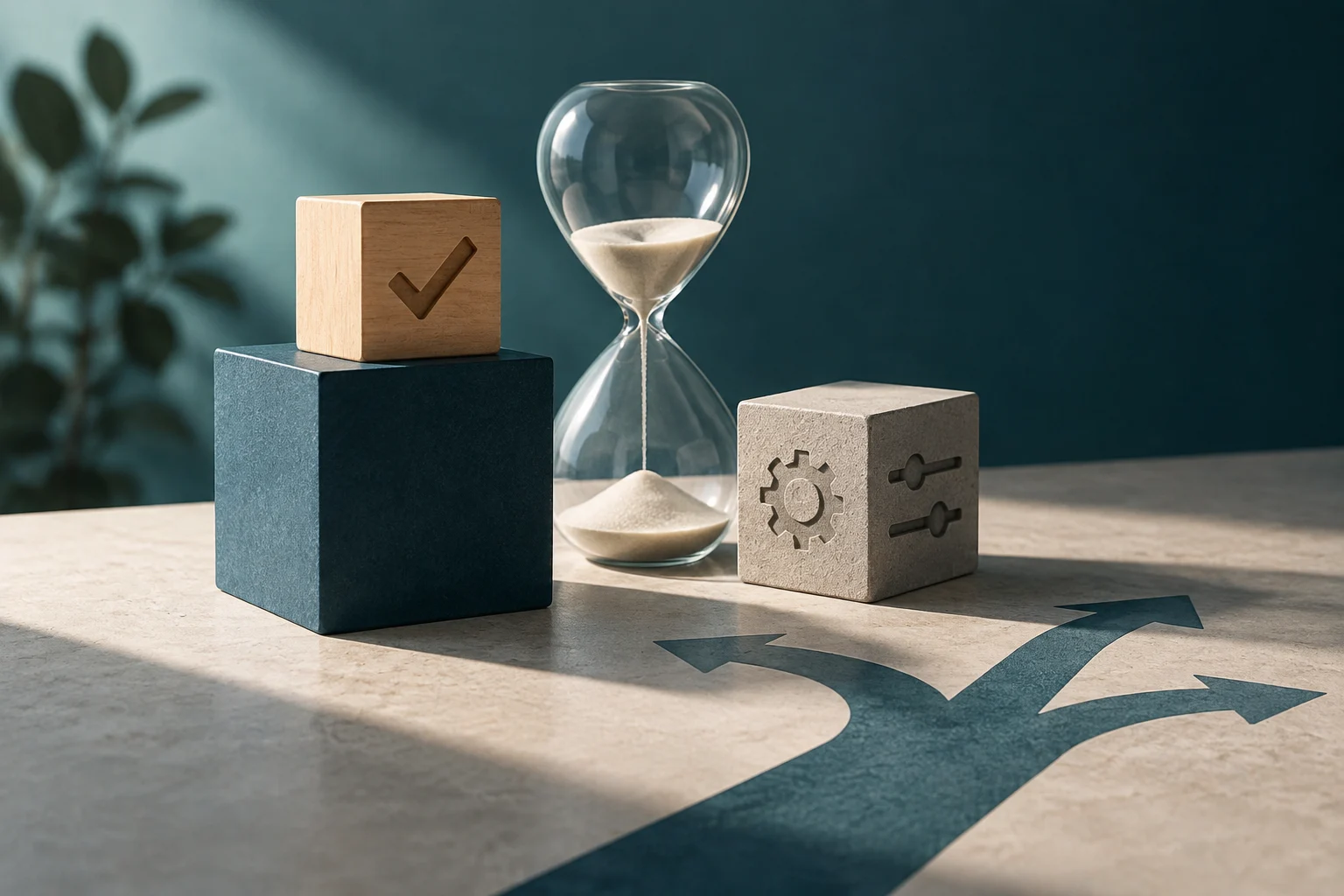 Illustrazione concettuale su un tavolo con una clessidra, un cubo di legno con un segno di spunta, un cubo di pietra con ingranaggi e cursori, e frecce che indicano diversi percorsi decisionali.