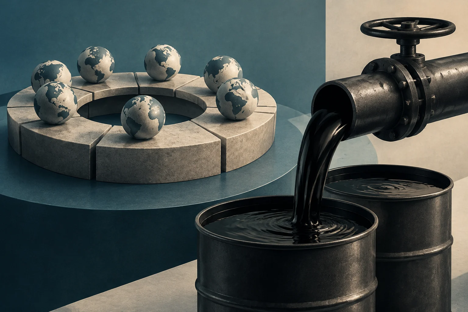 Illustrazione 3D concettuale che mostra un cerchio di blocchi di pietra con sfere globo sopra, accanto a un tubo industriale con una valvola che versa petrolio nero in due barili metallici.
