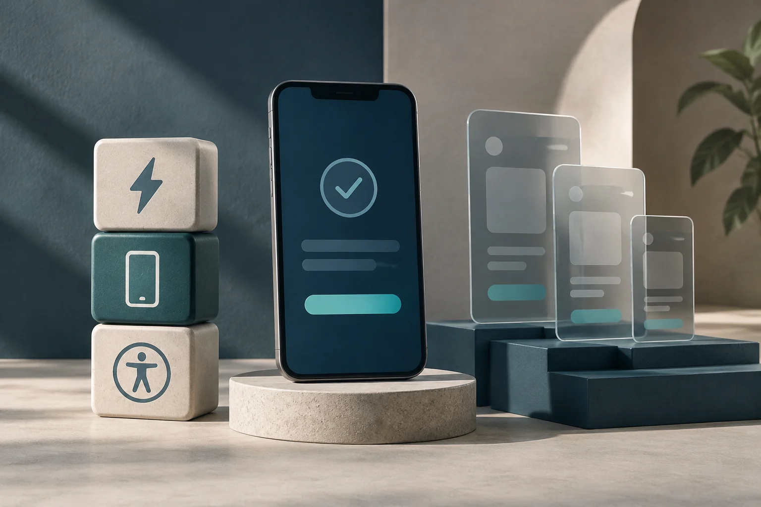 Illustrazione 3D di uno smartphone su un piedistallo che mostra un'interfaccia utente minimalista. A sinistra, una pila di blocchi con icone di velocità, dispositivo e accessibilità. A destra, schermi traslucidi di diverse dimensioni rappresentano l'adattabilità multi-piattaforma.
