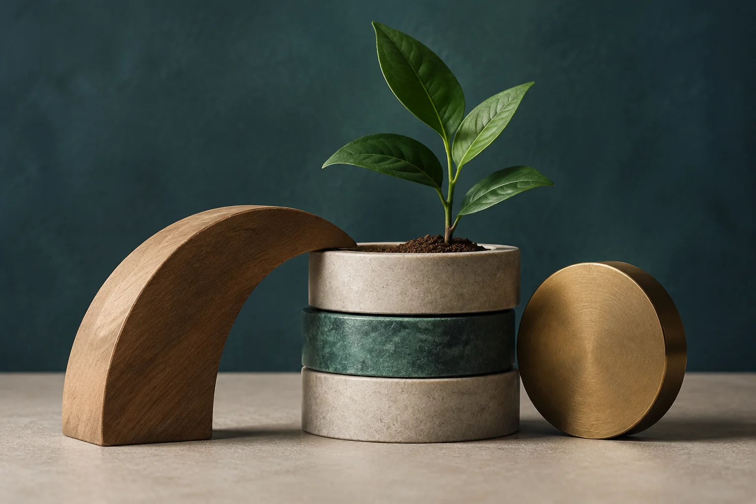 Illustrazione concettuale di una pianta verde che spunta da un mucchio di monete colorate, accompagnata da forme geometriche in legno e metallo su una superficie di pietra.